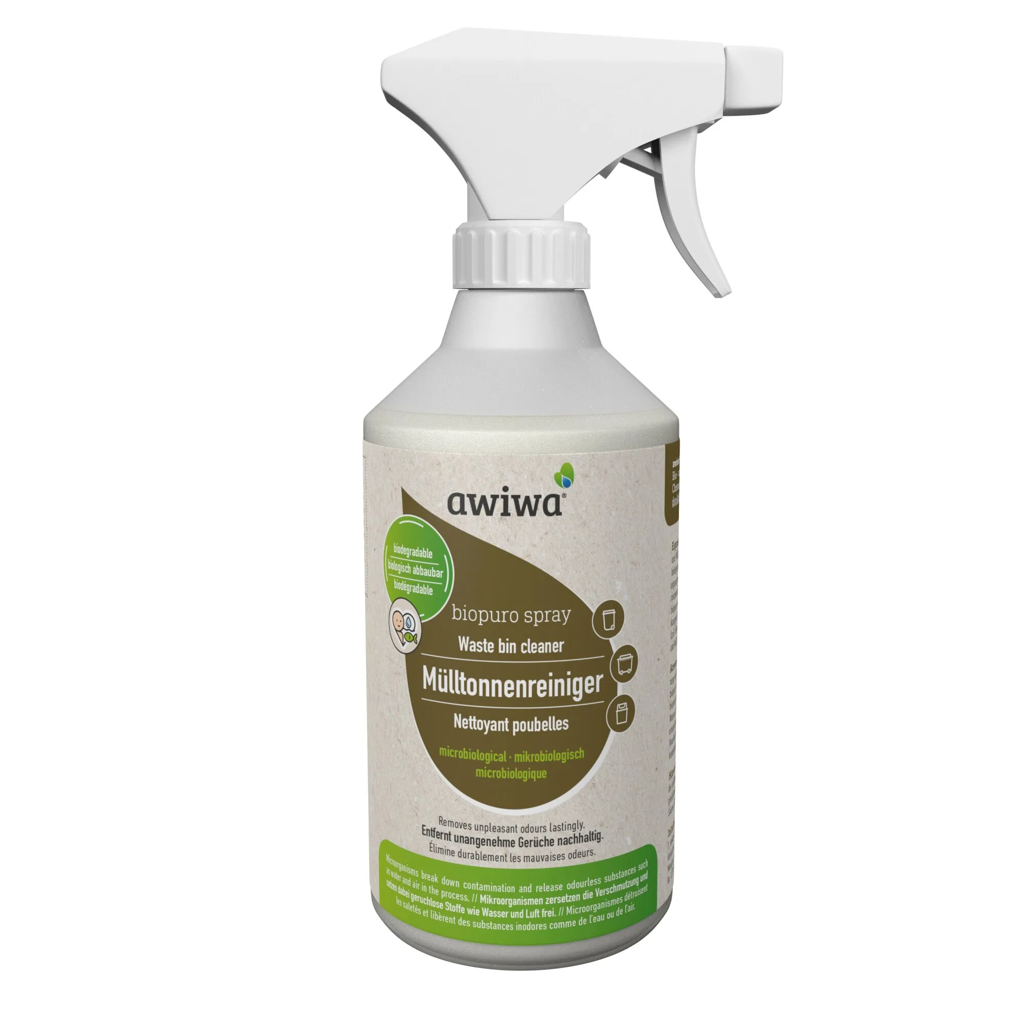Weiße Sprühflasche awiwa biopuro Spray Mülltonnenreiniger mit braun-grünem Etikett und Sprühkopf