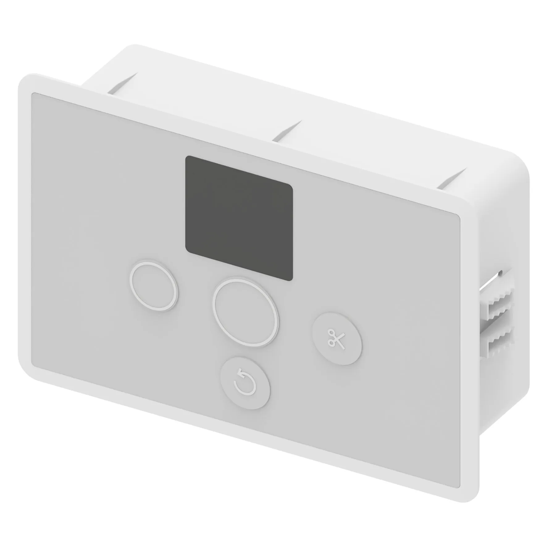 Weißes Bedienpanel für die Clesana C1 mit dunklem Display und drei runden Bedientasten, darunter Rücklauf- und Schneidsymbol