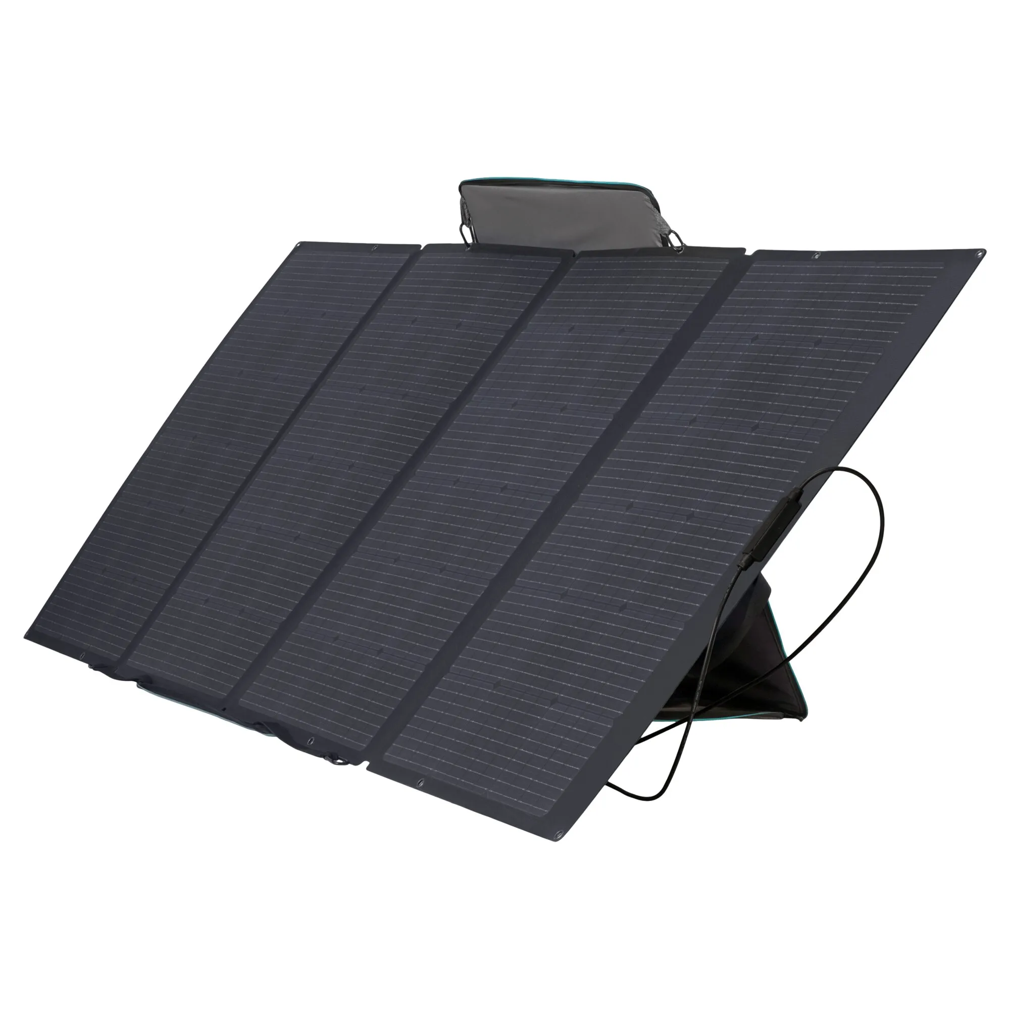 Faltbares schwarzes Solarmodul mit vier Solarflächen, aufgestellter Stütze und angeschlossenem Kabel, 400 Wp