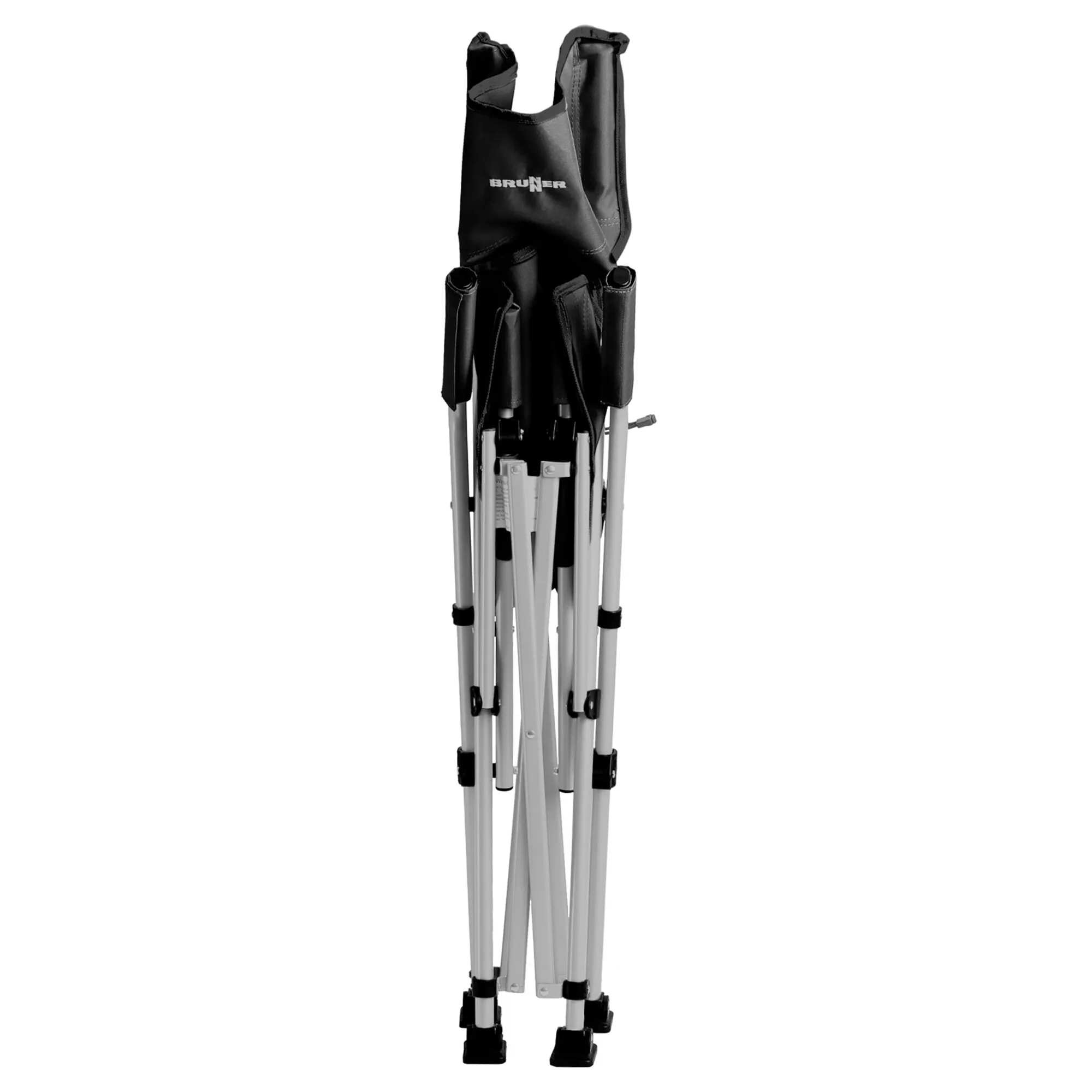 Zusammengeklappter schwarzer Bruner-Faltstuhl Raptor Suspension mit silbernem Aluminiumgestell und schwarzen Standfüßen