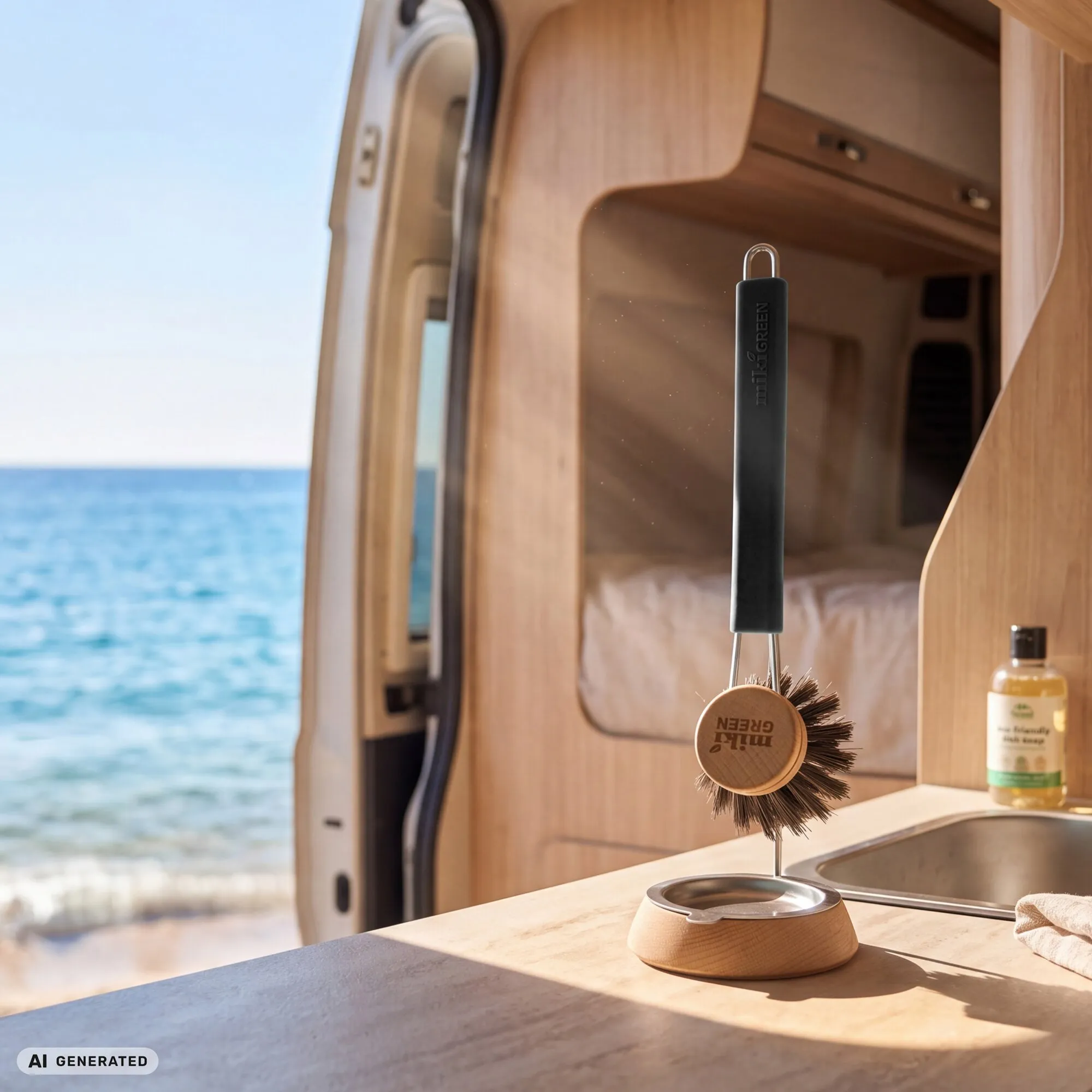 Schwarze Spülbürste mit langem Griff und Holz-Bürstenkopf, hängend über einem Spülbecken im Camper am Meer