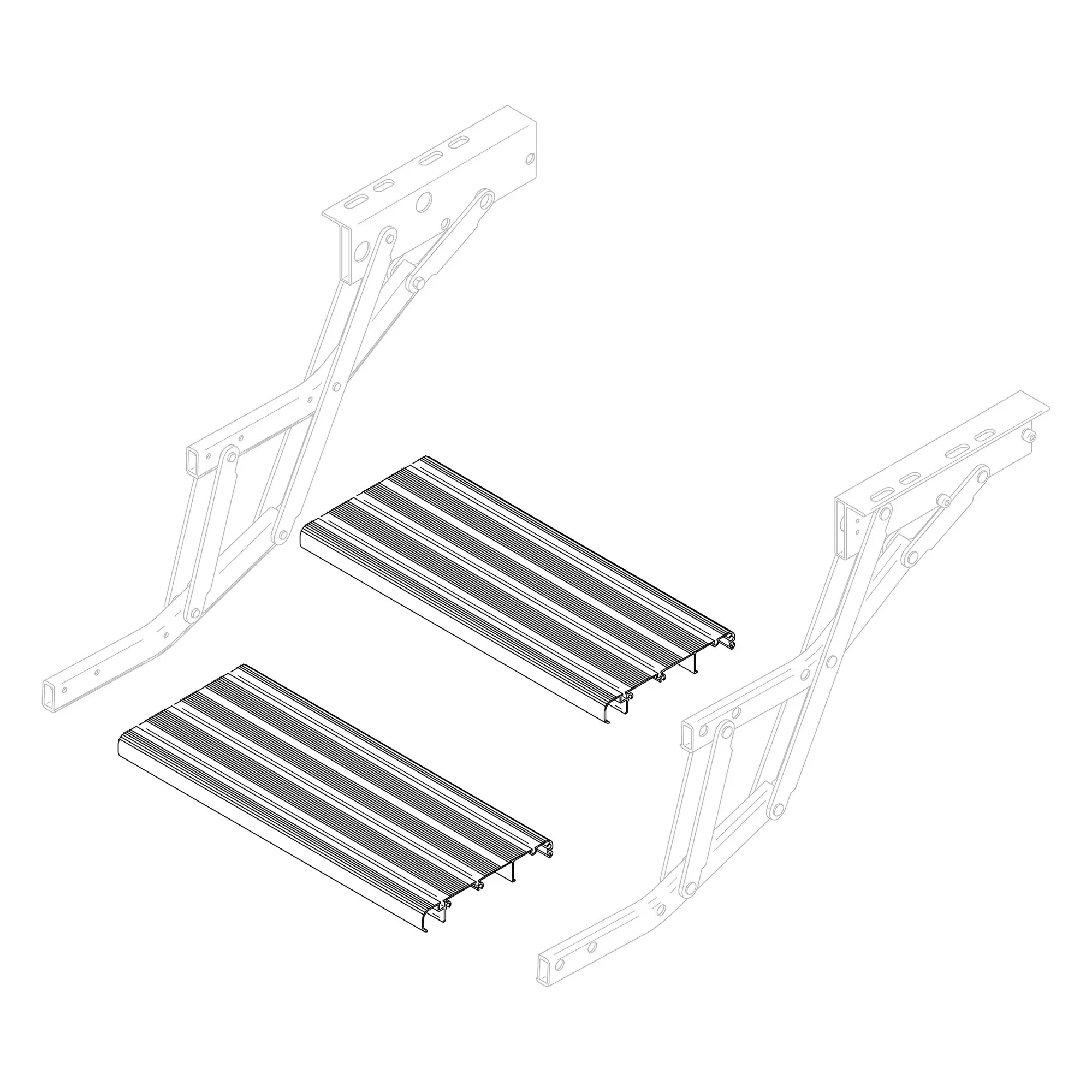 Linienzeichnung der Thule Double Step 500 Trittstufe mit zwei parallel angeordneten geriffelten Metall-Trittflächen, Seitenrahmen und Montagedetails