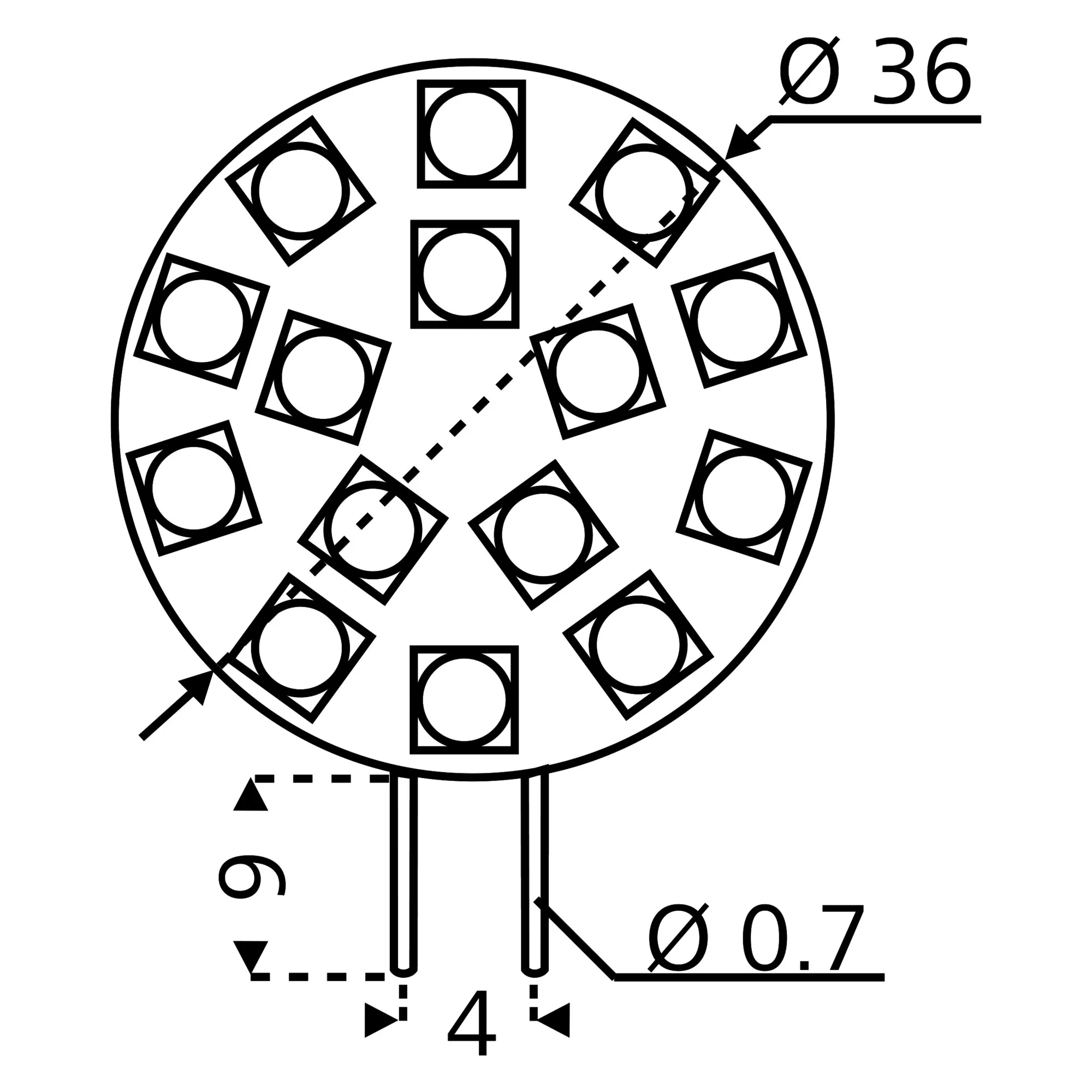 Technische Zeichnung eines runden G4-LED-Flachmoduls mit mehreren LED-Chips, zwei Anschlussstiften und 36 mm Durchmesser