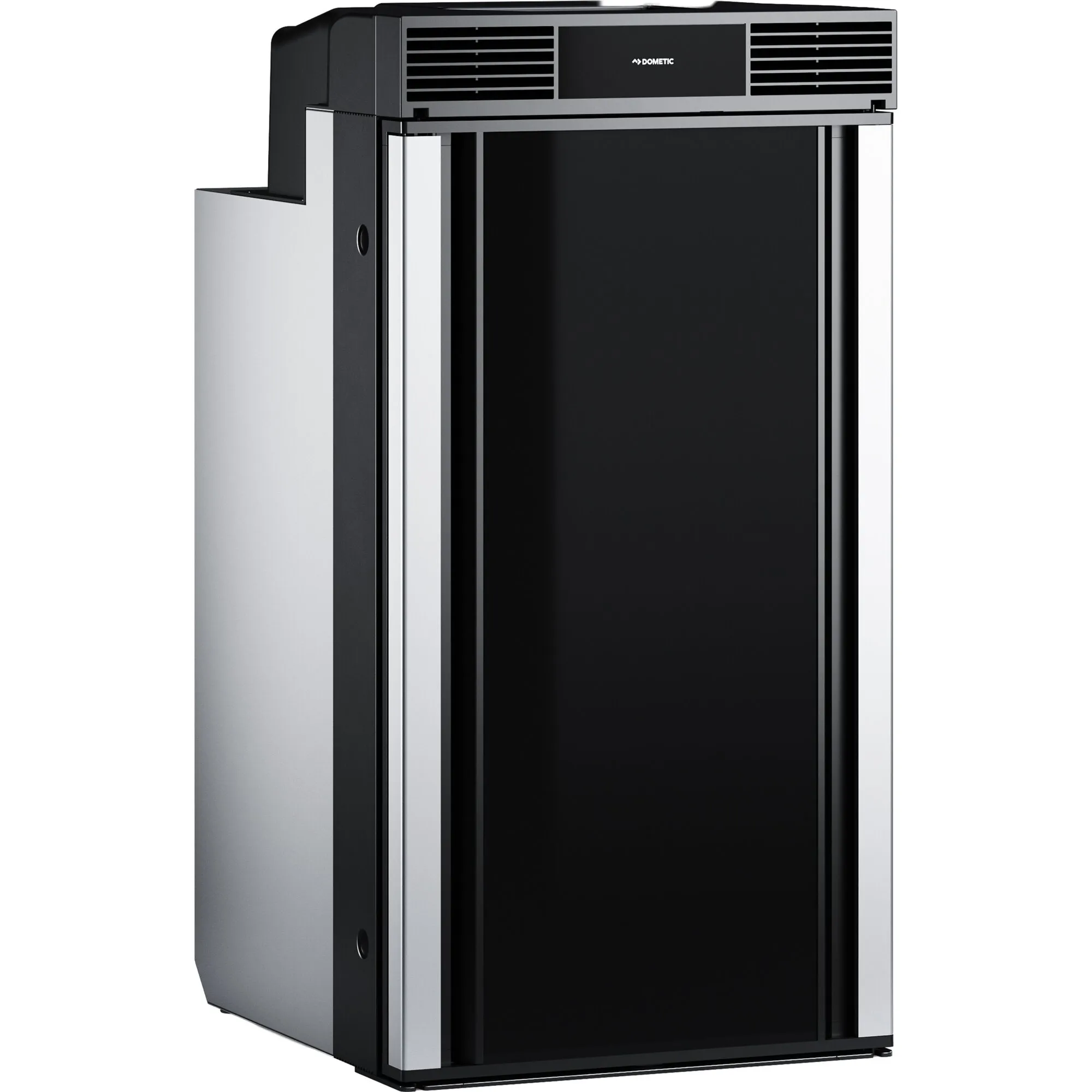 Dometic RC 10.4P 12-Volt-Kühlschrank mit 70 Litern Fassungsvermögen in Schwarz-Silber, schräg von vorn mit Lüftungsgitter