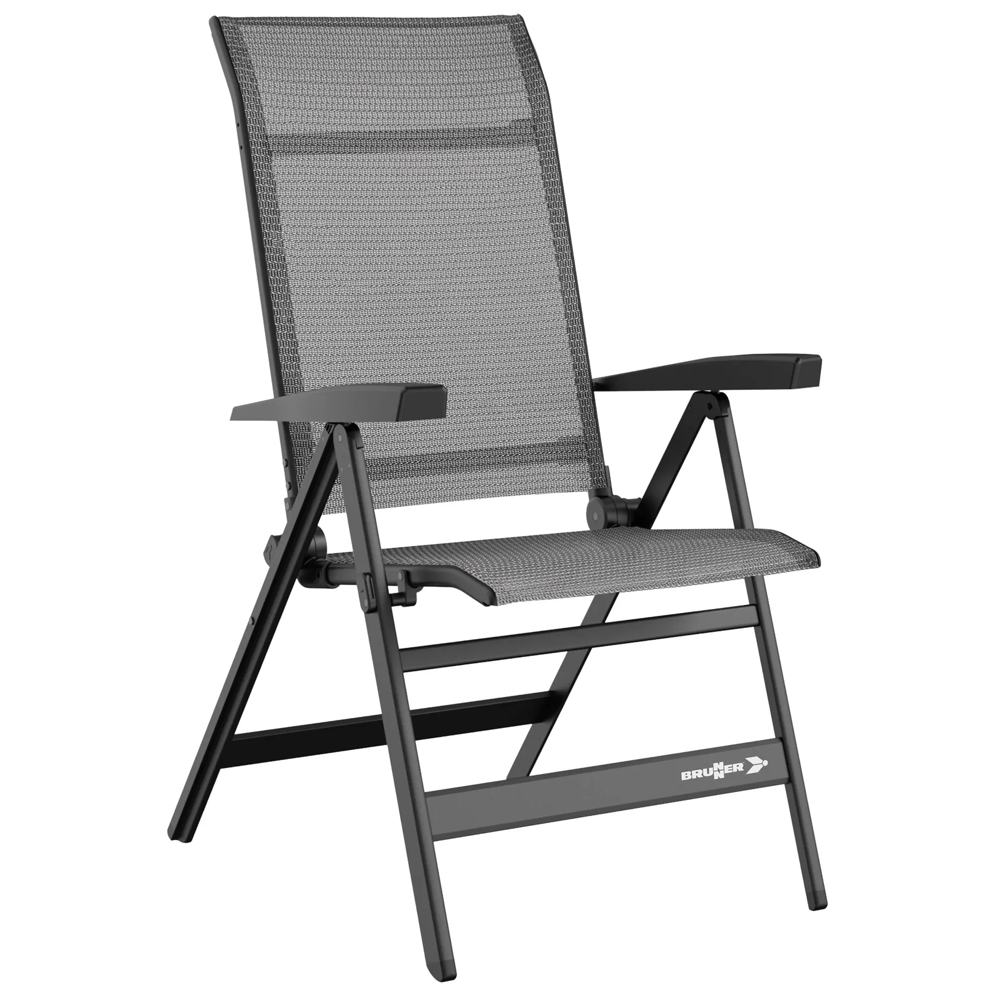 Brunner Travelounger Air M Campingstuhl mit grauem Netzstoff hoher Rückenlehne Armlehnen aus Kunststoff und schwarzem Metallrahmen