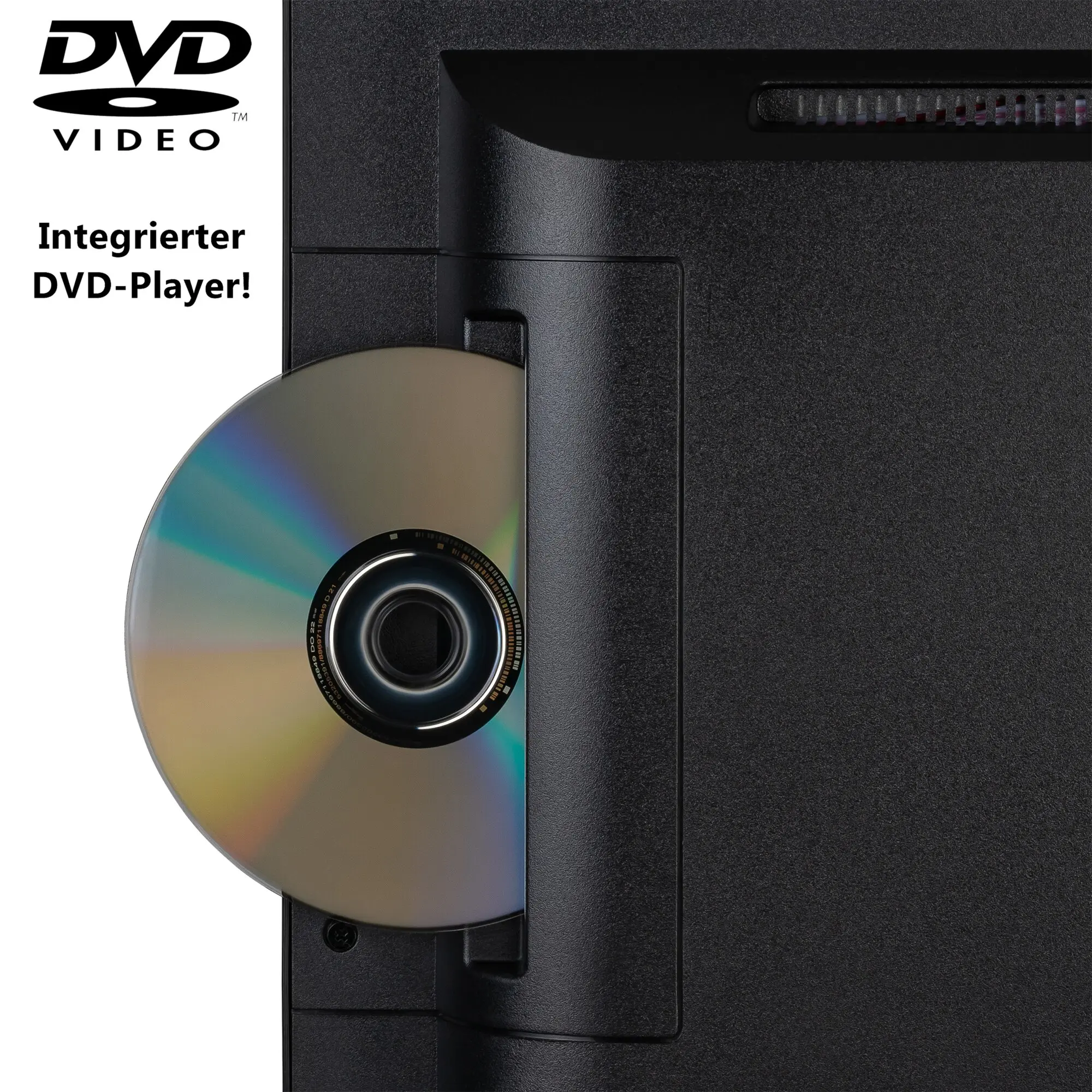 Schwarzer 19-Zoll TV mit integriertem DVD-Player; Disc unten am Gehäuse sichtbar, Weißfläche zeigt DVD-Logo und integrierter DVD-Player