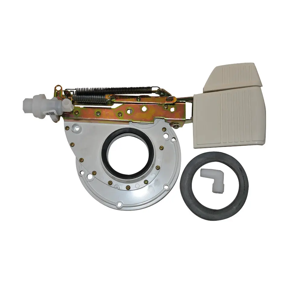 Vollständiger Mechanismus mit rundem Gehäuse, schwarzer Dichtungsring, Metallträger mit Feder, weißem Steckanschluss und beigem Gehäuse