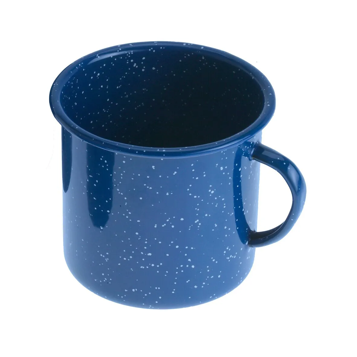 Dunkelblaue Emaille-Tasse mit weißer Sprenkelung, schwarzem Innenraum und seitlichem Henkel in Ansicht von schräg oben