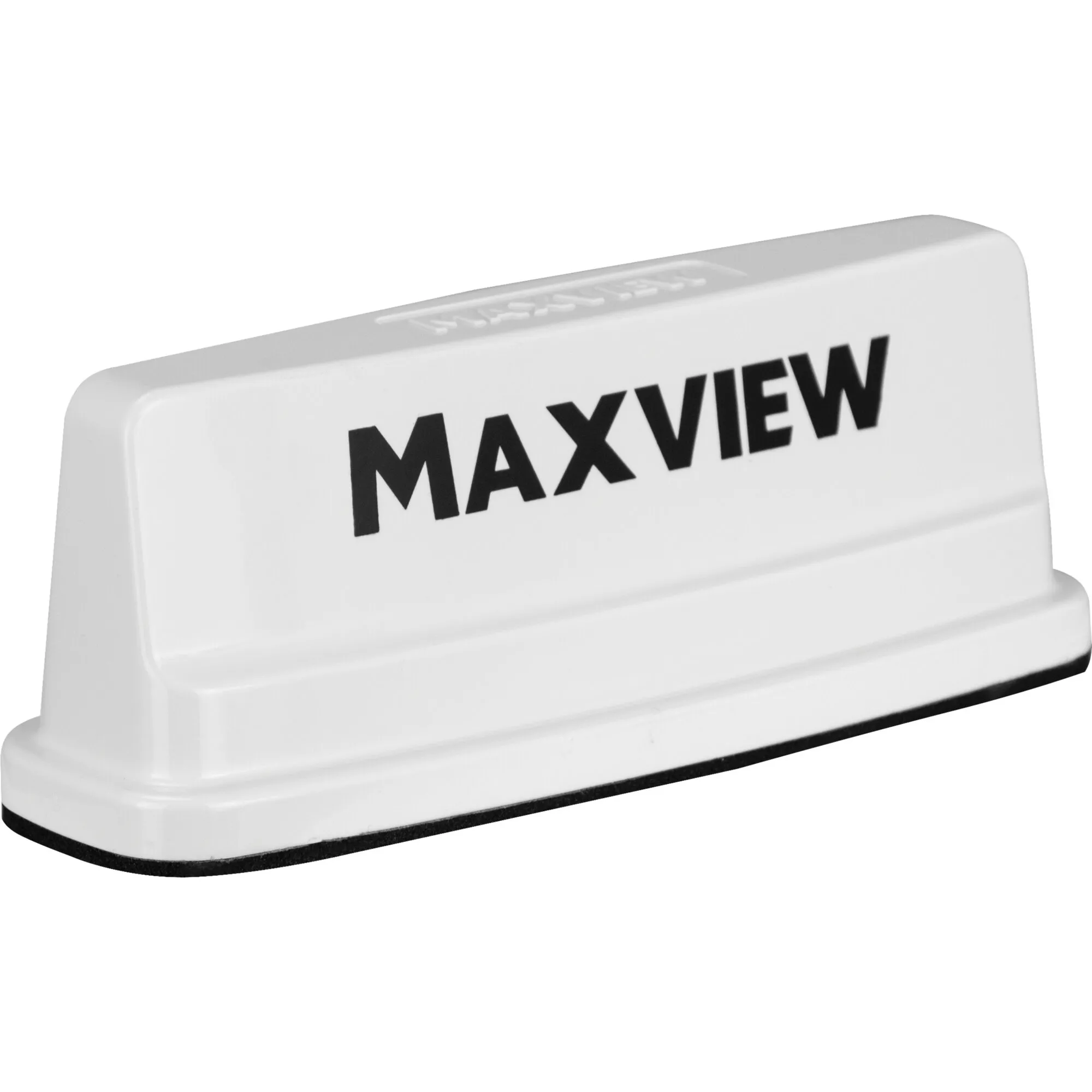 Weißes Maxview Roam X Routergehäuse in schräger Seitenansicht mit schwarzem MAXVIEW-Schriftzug und schwarzer Unterkante