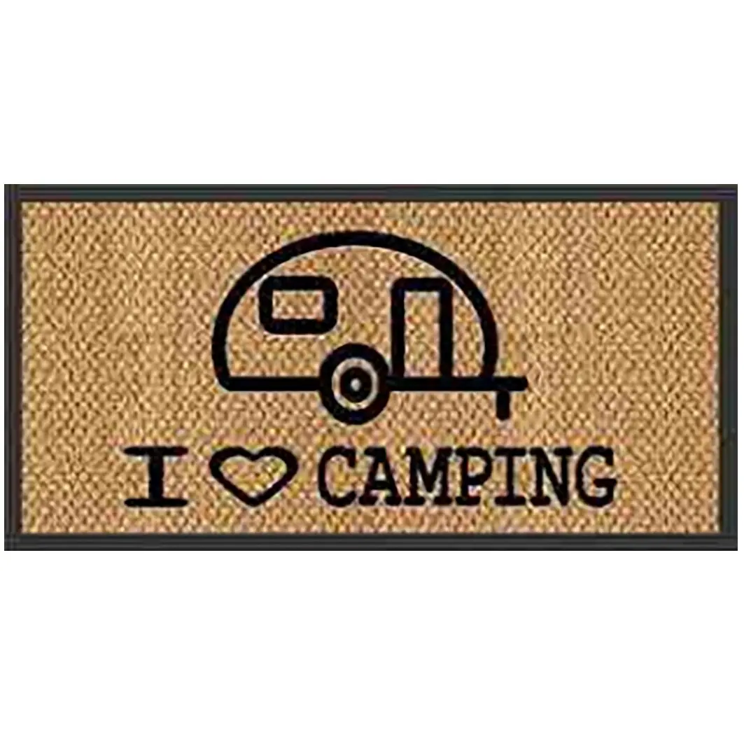 Rechteckige Fußmatte aus Naturfaser mit Caravan-Wohnwagen-Symbol und der Aufschrift I ♥ CAMPING, beigefarbene Struktur und dunkler Rand