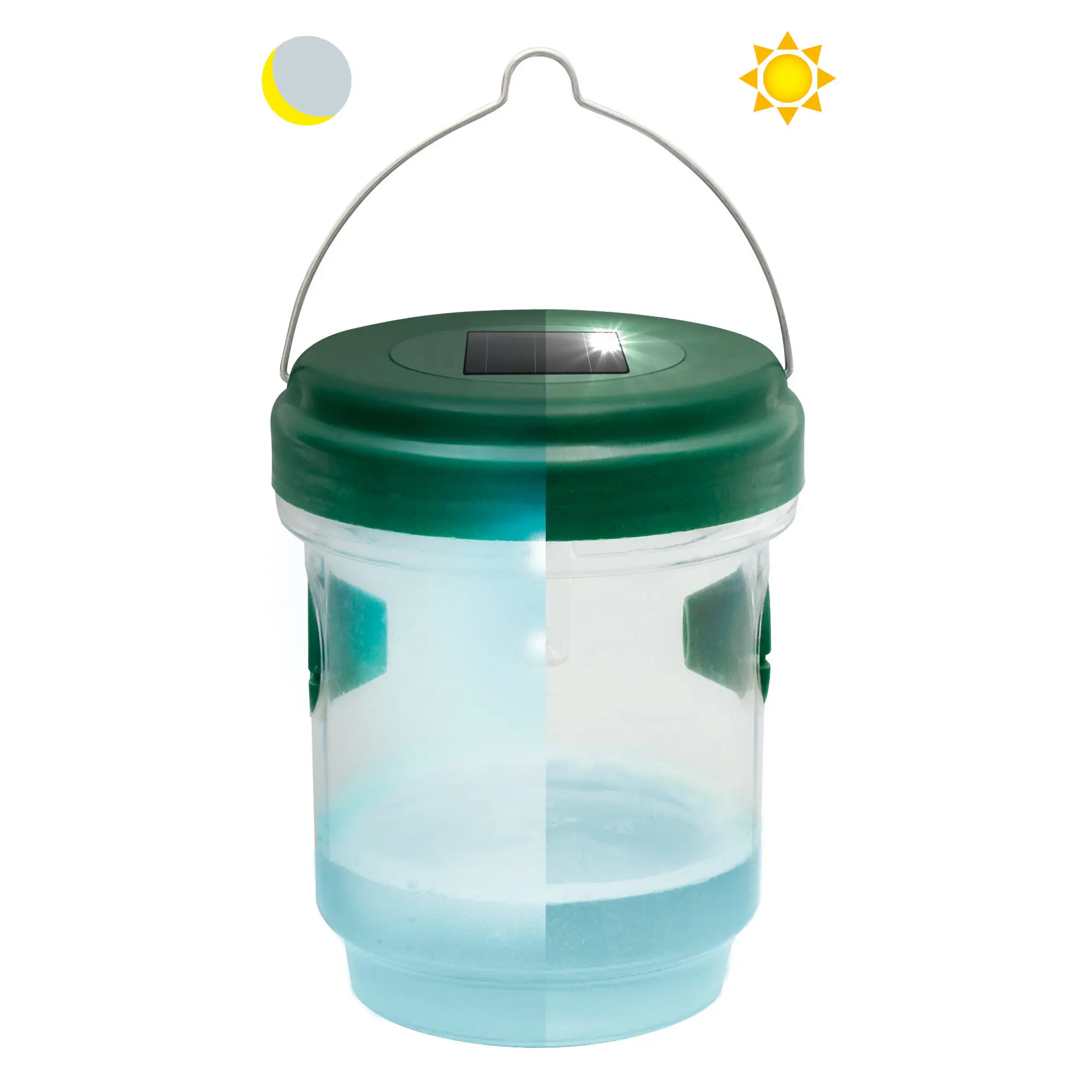 Gardigo Solar-Insektenfalle mit grünem Deckel, integrierter Solarzelle, Metallbügel und durchsichtigem Wasserbehälter vor hellem Hintergrund