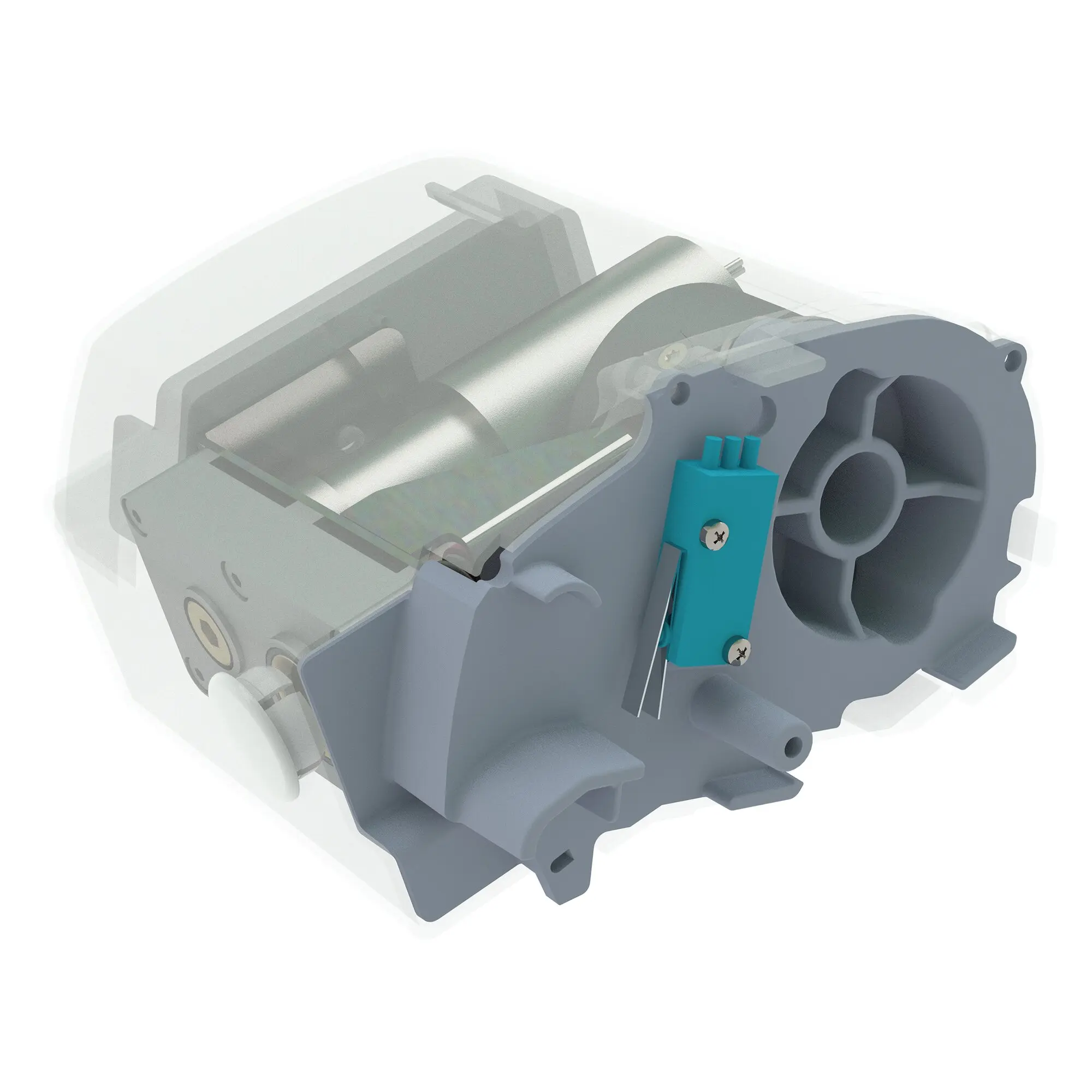 Detailaufnahme eines Motor Kit Advanced F80s, titanfarbenes Gehäuse mit transparenter Abdeckung, blaues Befestigungsbauteil und sichtbares Zahnradsystem
