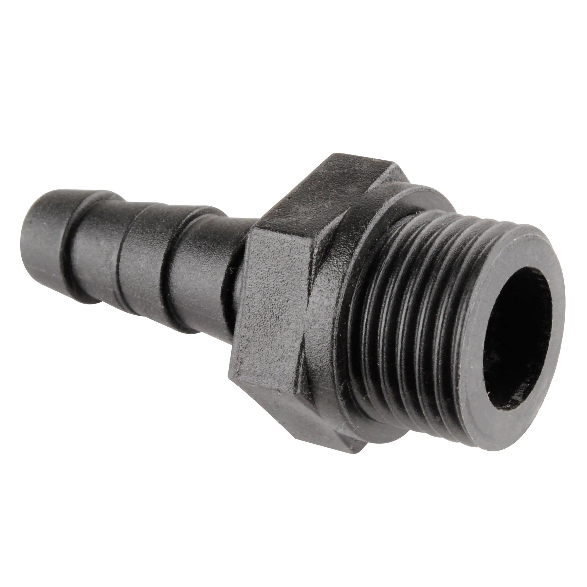 Schwarze Kunststoff-Einschraubtülle mit grob gerippter Schaftseite und hexagonalem Kopf, sichtbarer Innenkanal, Größe 10/12 mm ½ Zoll