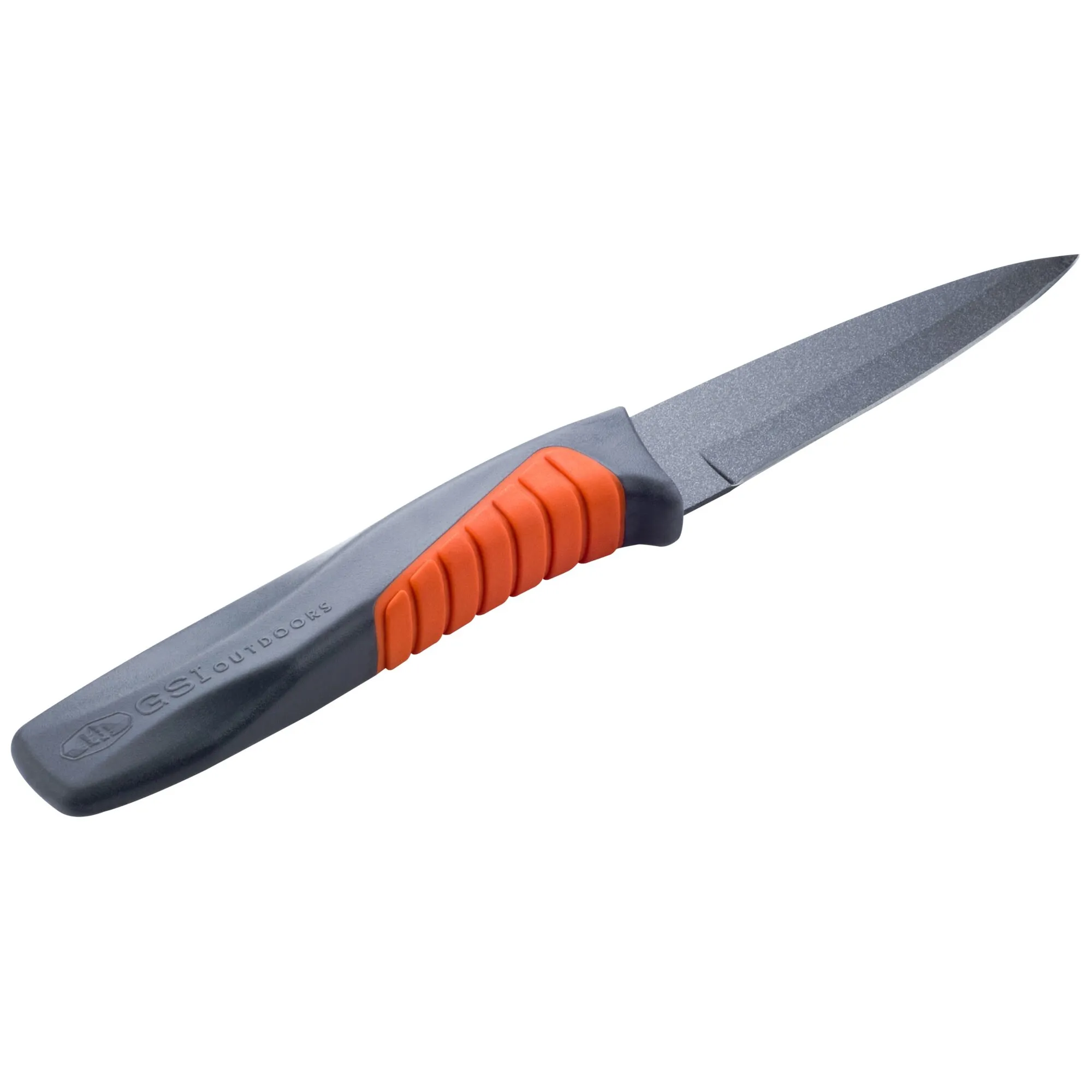 Graues Outdoor-Messer mit orangefarbenem, geriffeltem Griff und spitzer Klinge, diagonal auf weißem Hintergrund dargestellt