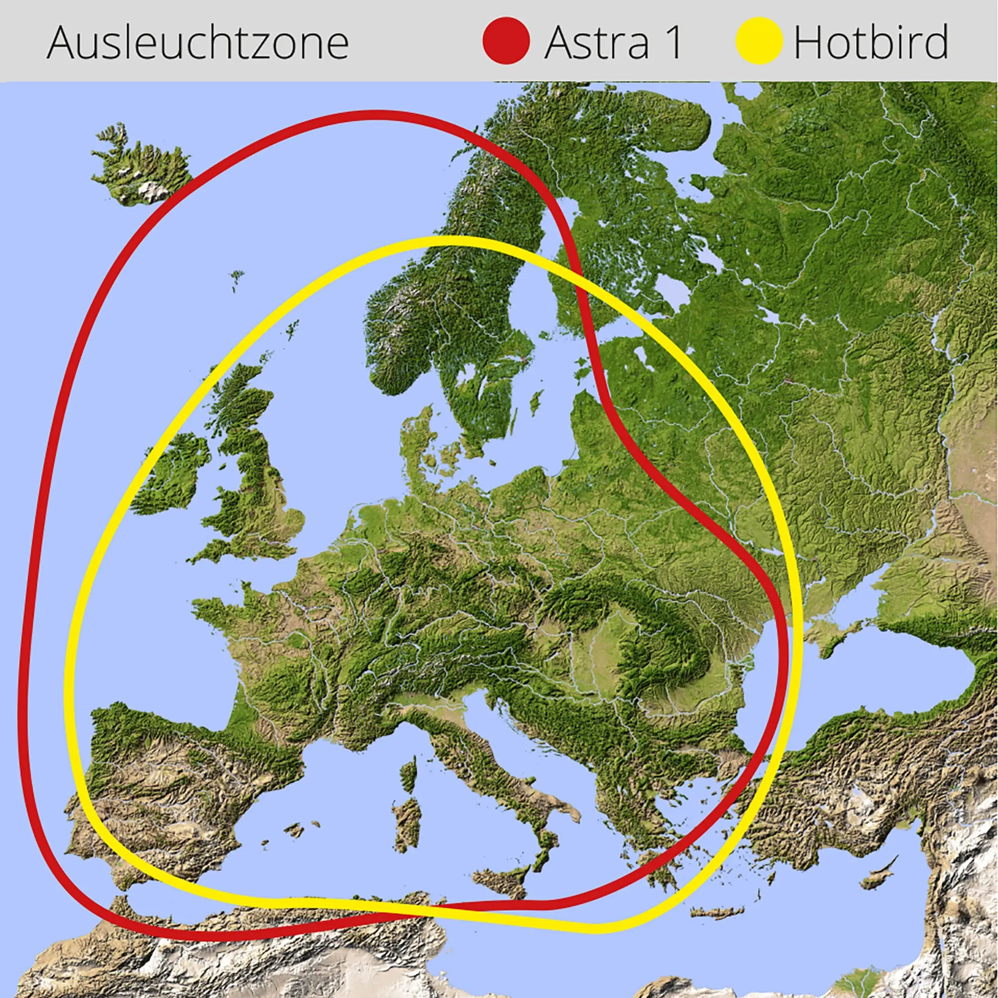 Kartografische Karte Europas mit grünem Gelände und blauem Meer, rote und gelbe Bögen kennzeichnen Ausleuchtzonen der Satelliten Astra 1 und Hotbird