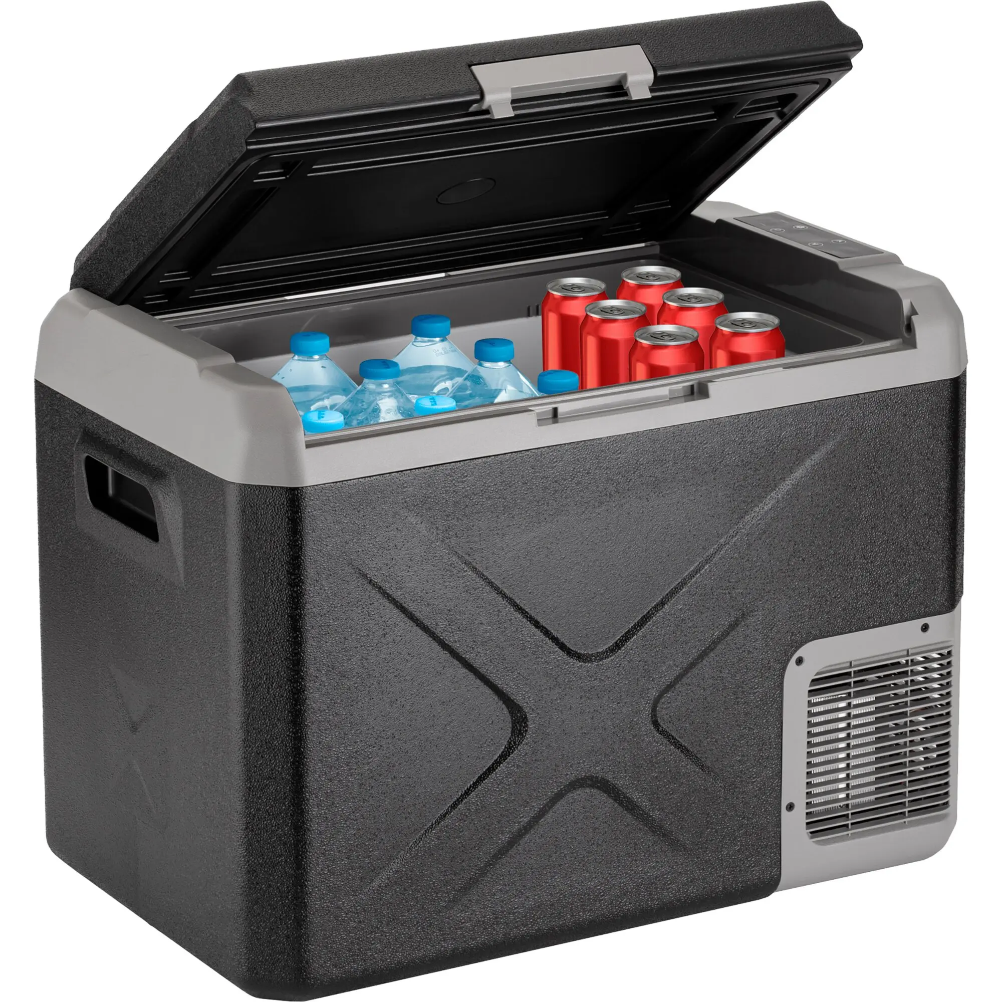 Kühlbox mit offenem Deckel, Innenraum zeigt Wasserflaschen und rote Dosen, grauer Rand und schwarzgraues Gehäuse