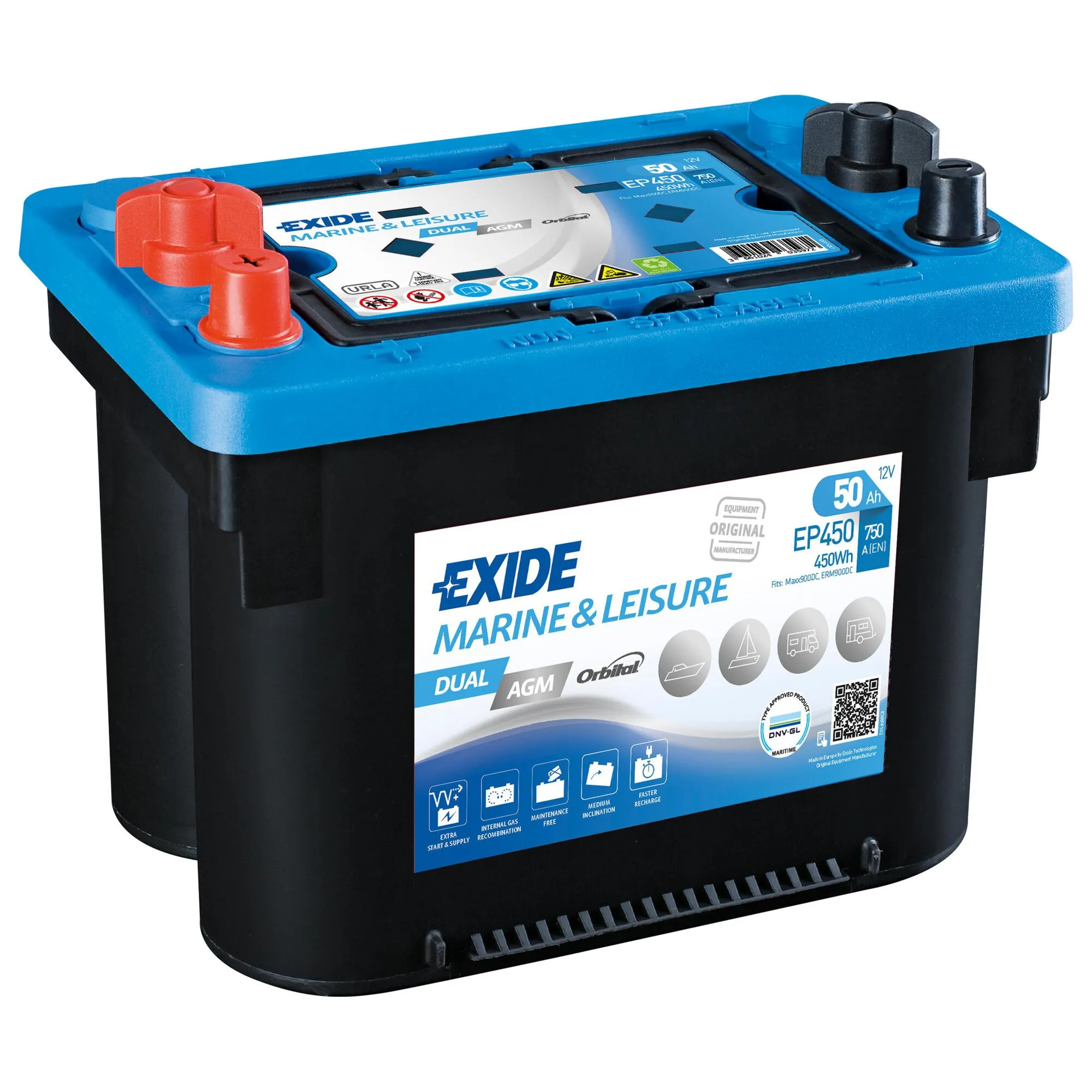 Schwarze Exide Dual-AGM-Batterie Marine & Leisure mit blauem Gehäusedeckel, roten und schwarzen Anschlüssen, 12 V und 50 Ah