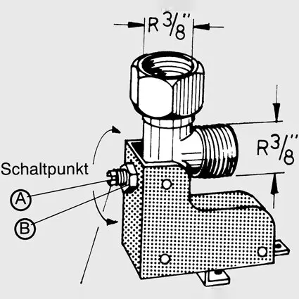 Automatikschalter mit grobem Drehknopf, seitlichem R 3/8-Gewindeanschluss und Grundplatte mit Befestigungslöchern, Schaltpunkt markiert A und B
