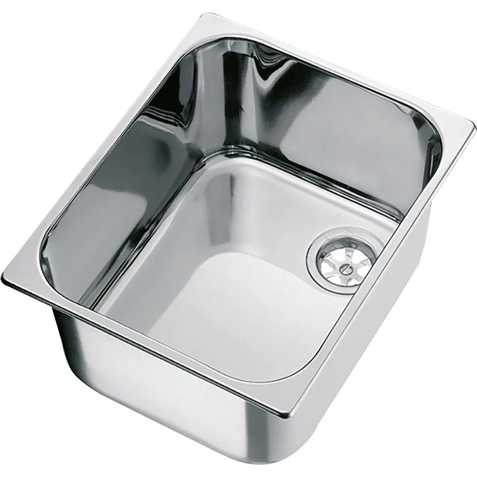 Edelstahl-Spülbecken Can LA1401 mit rechteckigem Becken, abgerundeten Ecken und sichtbarem Ablauf in Perspektivansicht