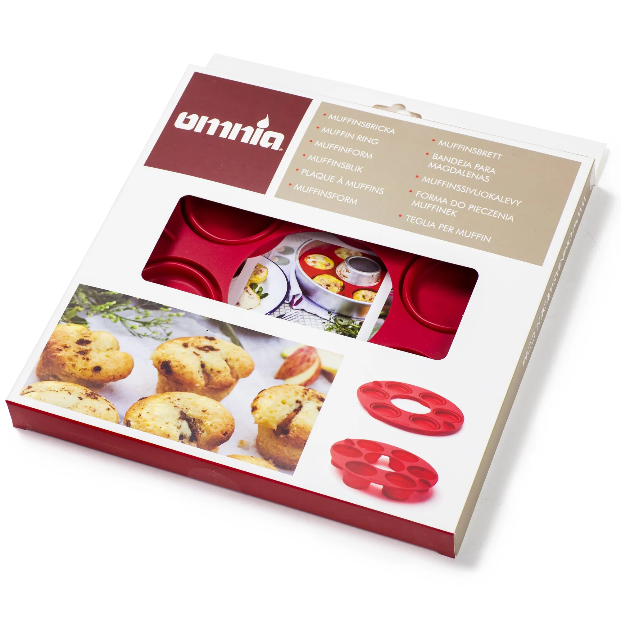 Rote Muffinform von Unnia in Verpackung mit mehreren Backmulden, Muffinfotos und Abbildungen der Formsteigerung