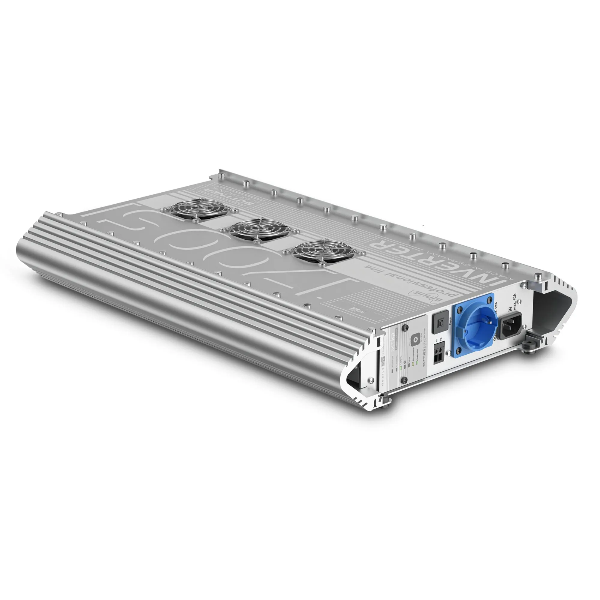 Silberner Sinus-Wechselrichter MT in flacher Aluminium-Ausführung mit Kühlrippen, drei Lüftern und blauer Steckdose an der Vorderseite