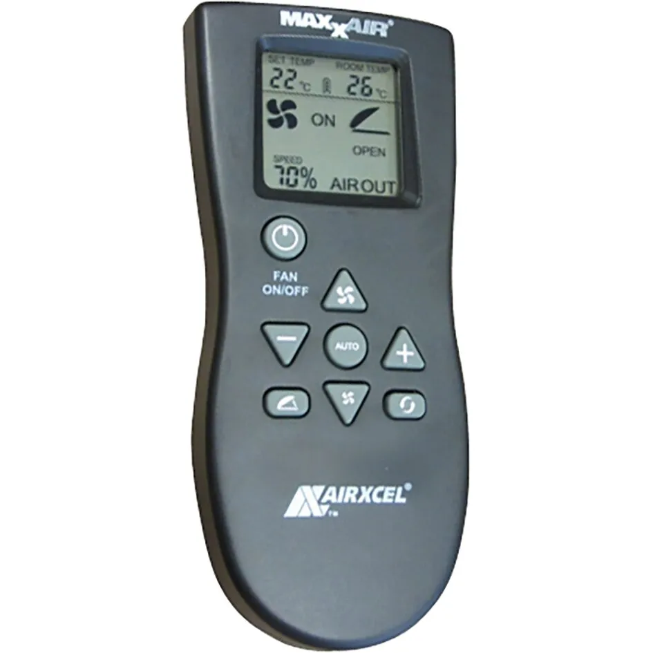 Schwarze MaxxAir-Fernbedienung für den Dachventilator MaxxFan Deluxe mit LCD-Anzeige und Bedientasten