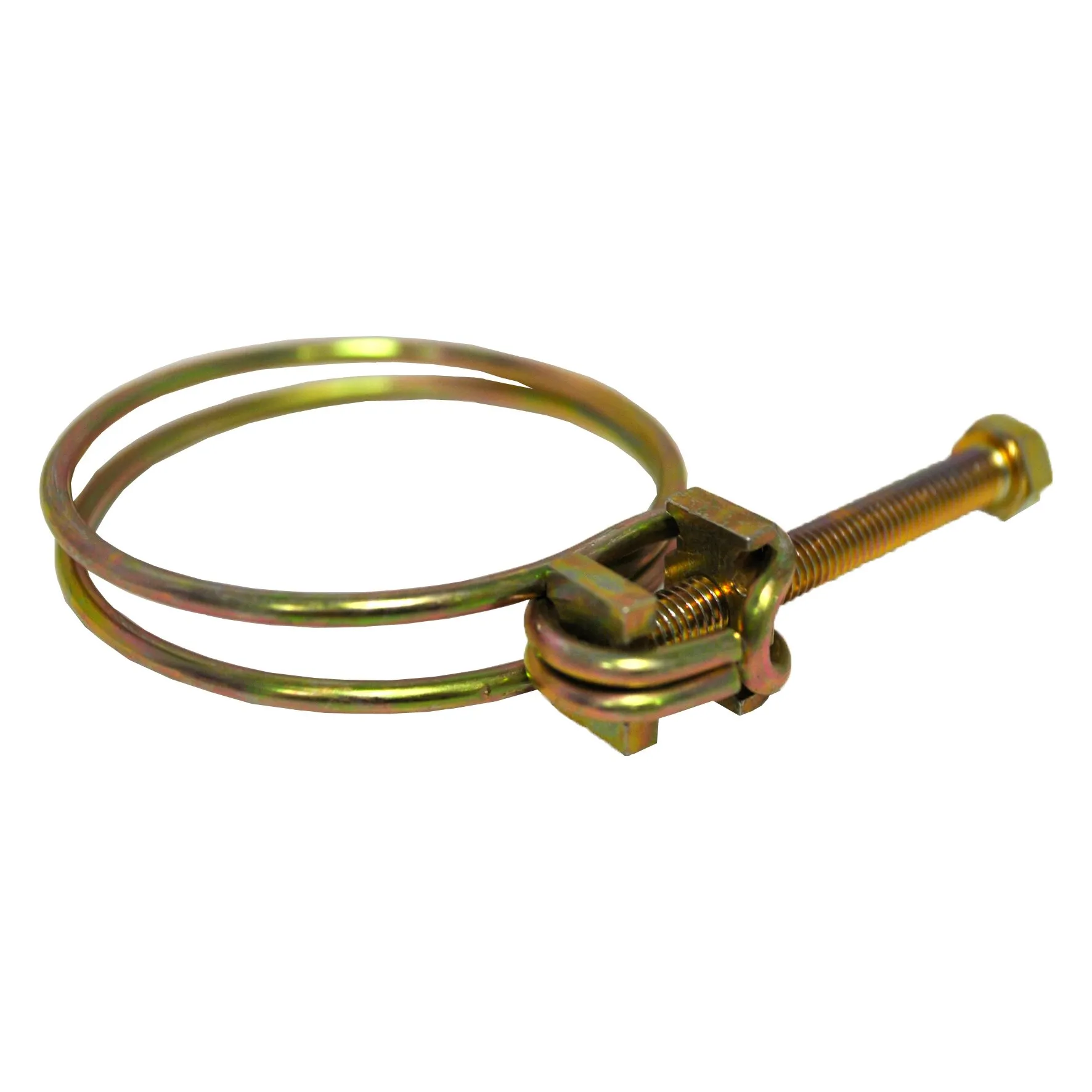Verzinkte Spiralschlauchklemme mit zwei Metallringen und Spannvorrichtung mit Gewindeschraube in Seitenansicht