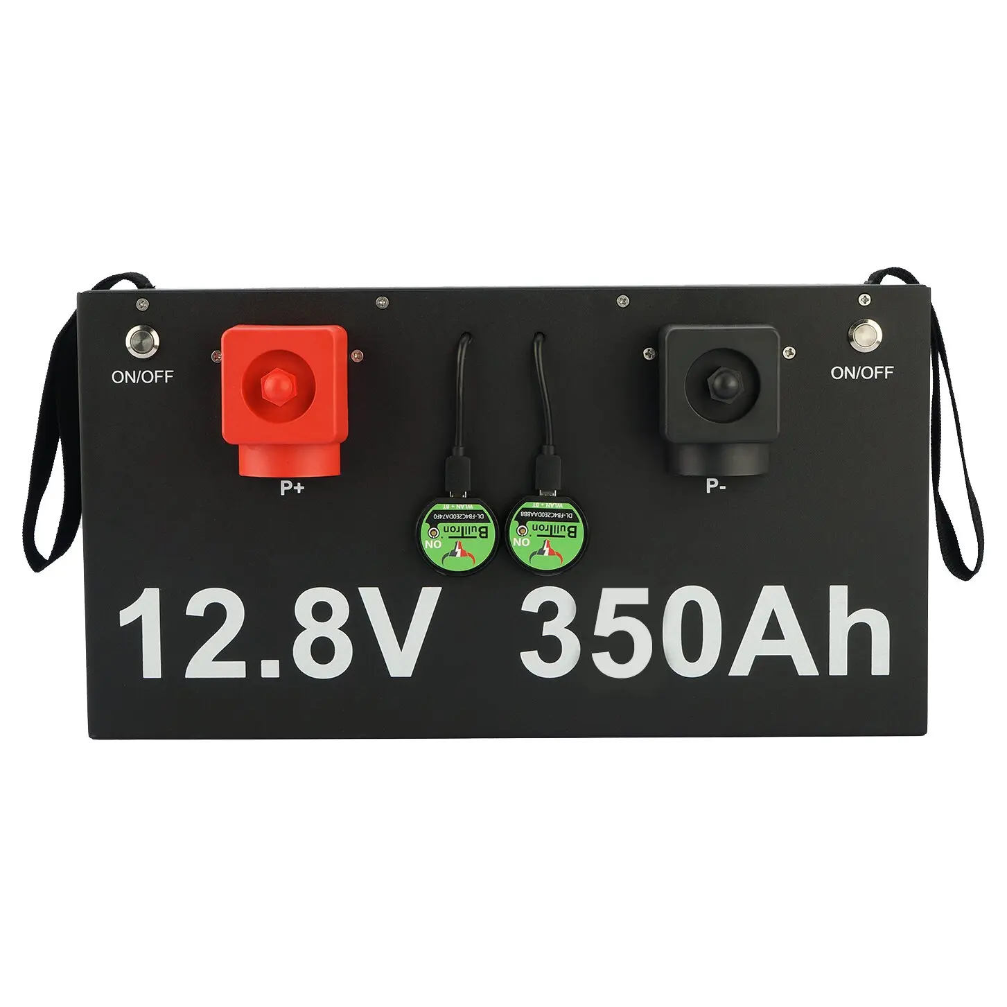 Schwarze Batterieplatte mit rotem P+ Anschluss links, P- Anschluss rechts, zwei grüne, runde Zellen in der Mitte, ON/OFF-Knöpfe, 12.8V 350Ah