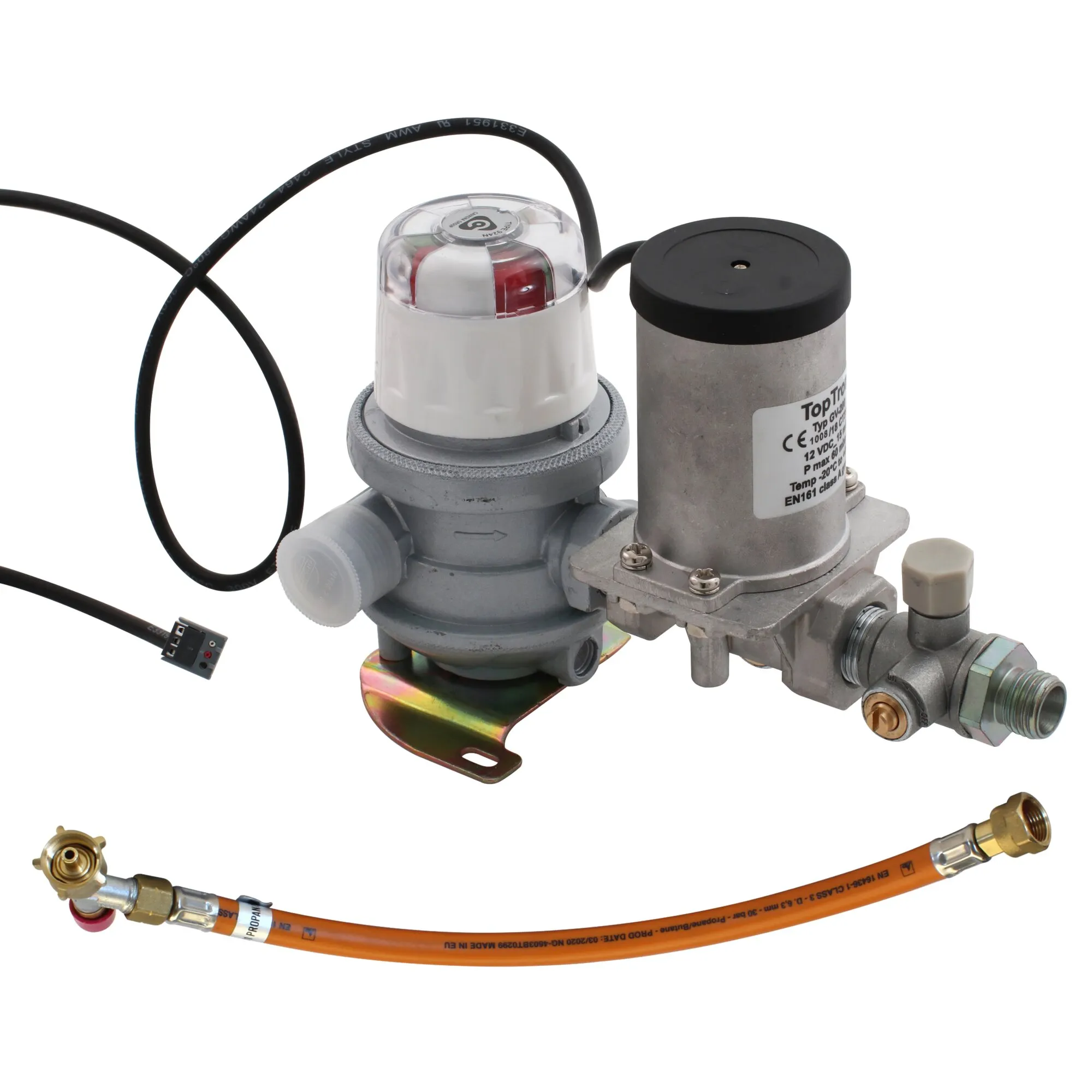 Zweiflaschenumschaltanlage Toptron mit grauem Gasdruckregler, schwarzer Magnetspule, Anschlusskabel und orangefarbenem Gasschlauch