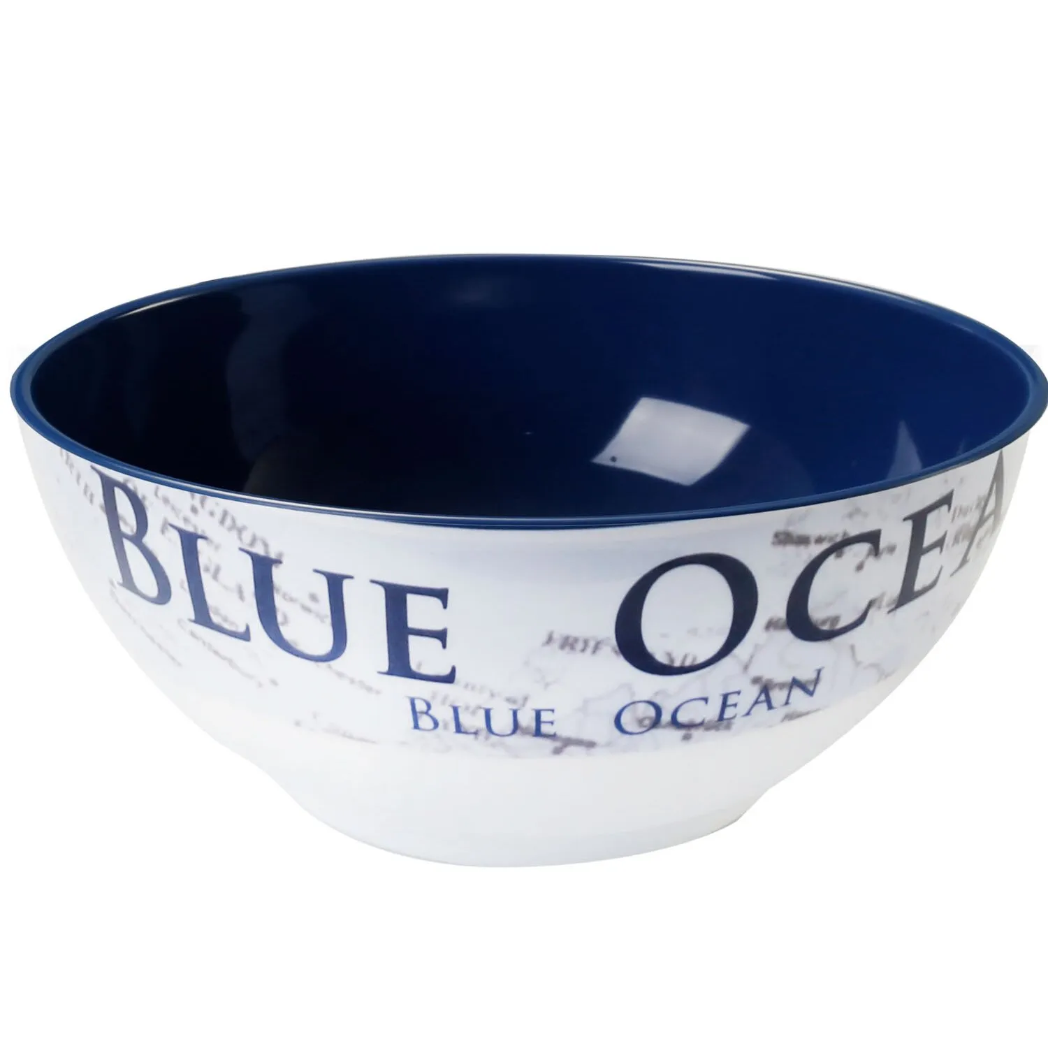 Weiße Müslischale der Geschirrserie Blue Ocean mit dunkelblauem Inneren und Schriftdekor am Rand