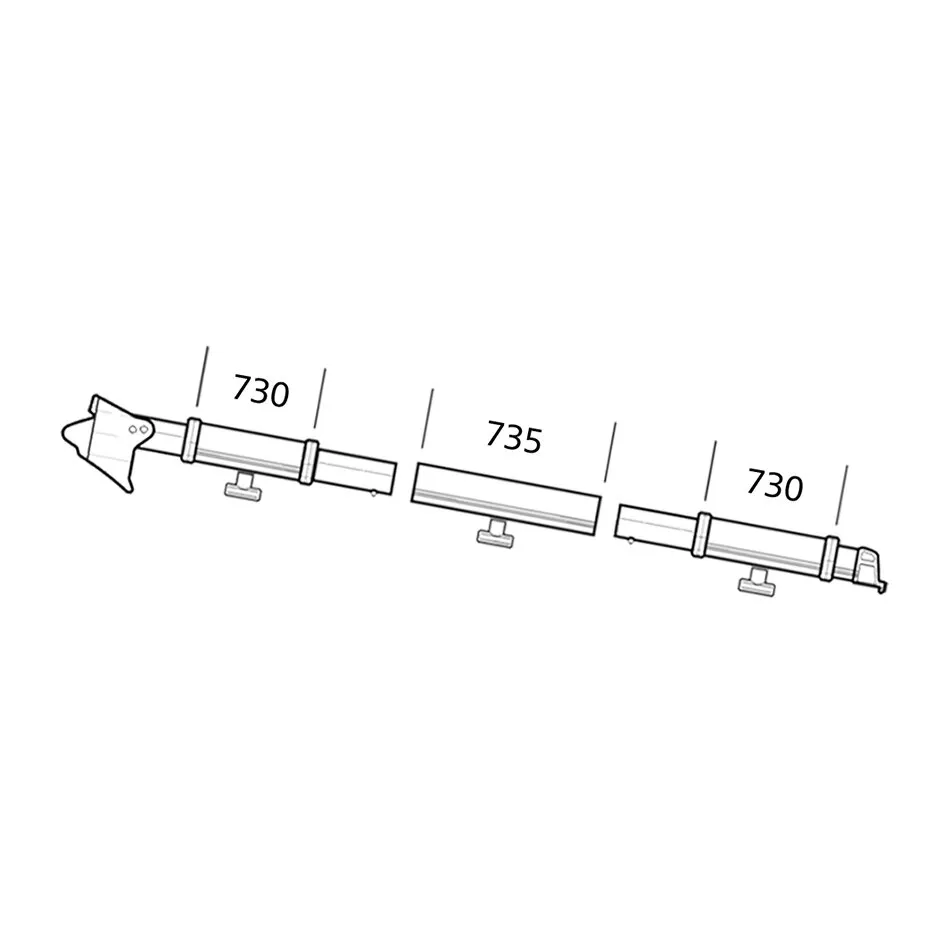 Technische Zeichnung des rechten Klemmprofils Thule Residence/Panorama mit drei Segmenten und Längenangaben 730, 735 und 730 mm