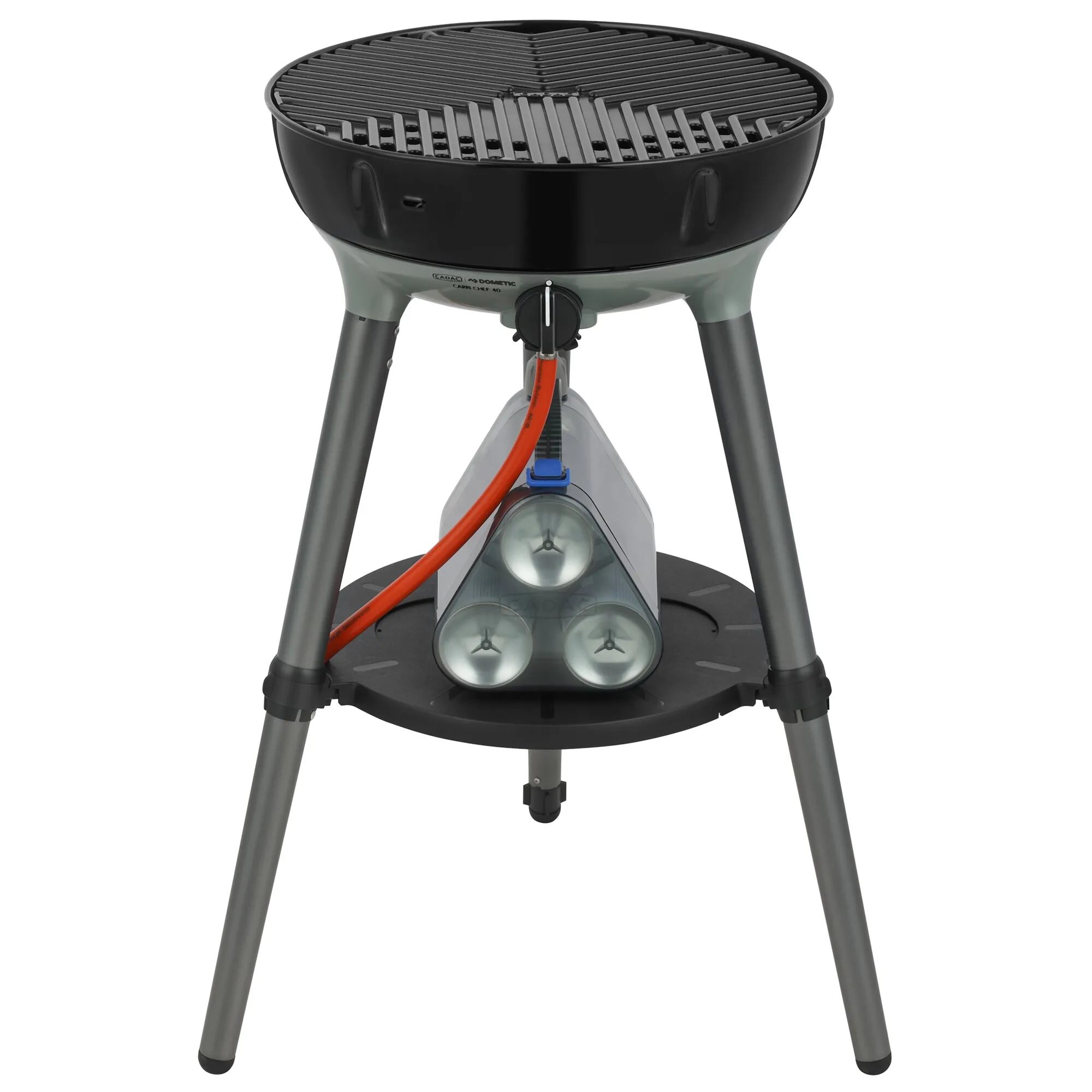 CADAC Carri Chef 40 Gasgrill in Schwarz und Grau mit rundem Grillrost, vier Beinen, Gasflasche und rotem Anschlussschlauch