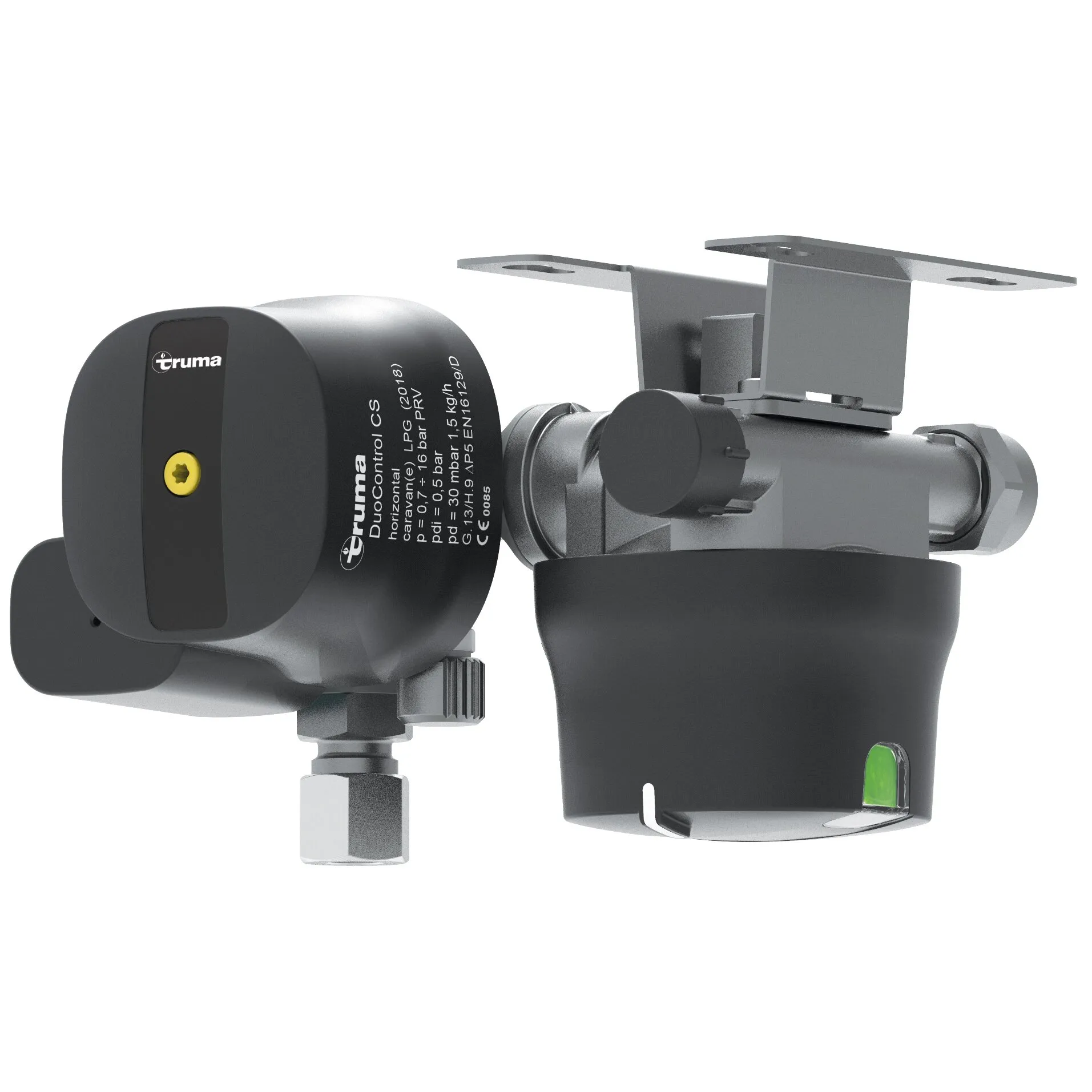 Truma DuoControl CS Gasdruckregler für zwei Gasflaschen, horizontal montiert, mit Crashsensor und Halterung in Schwarz und Grau