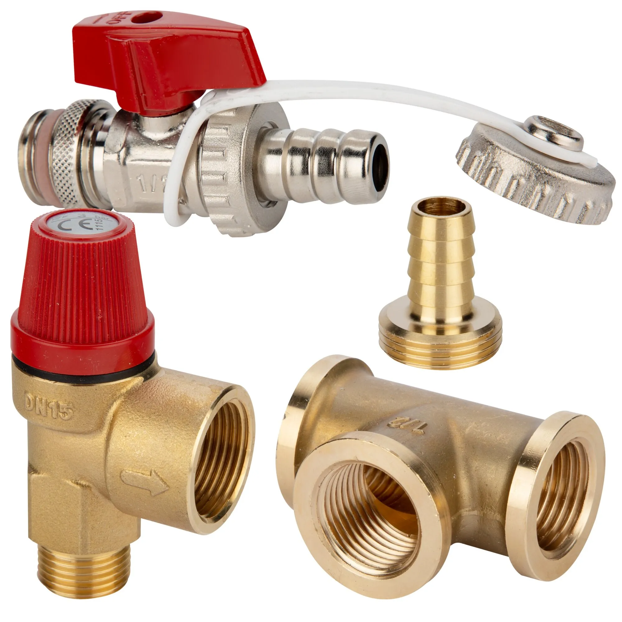 Sicherheitsablassventilset aus Messing mit rotem Einstellknopf, silbernem Absperrventil, Schlauchanschluss und T-Stück