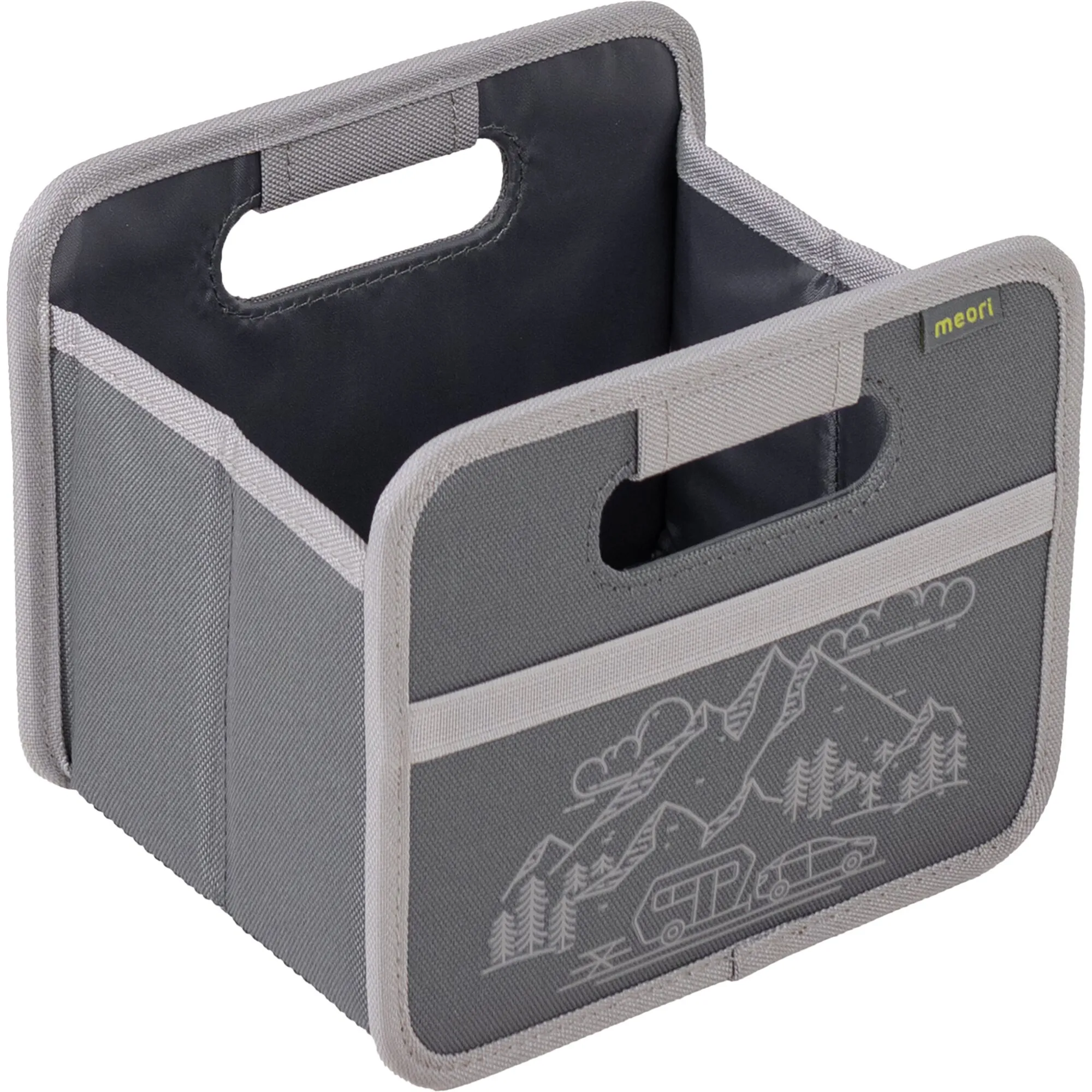 Faltbox meori Mini in Granite Grey mit Tragegriffen, dunklem Innenraum und Wohnwagen-Motiv auf der Vorderseite