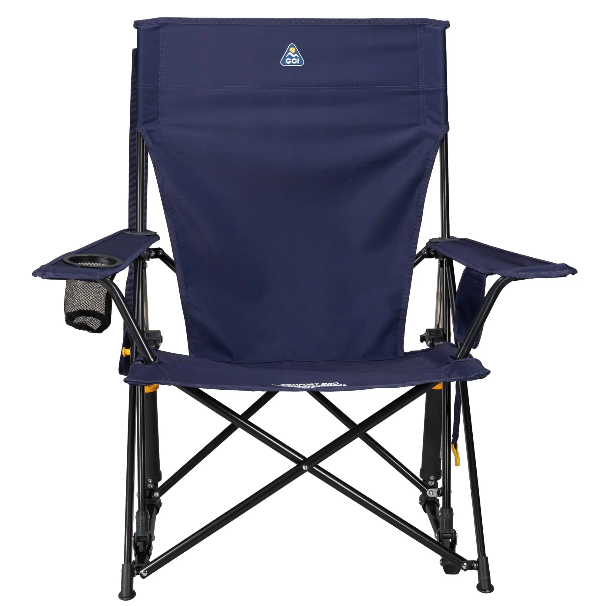 Rückenansicht eines dunkelblauen Camping-Schaukelstuhls Comfort Pro Rocker mit GCI-Logo, schwarzem Metallrahmen, seitlichem Becherhalter und Mesh-Tasche