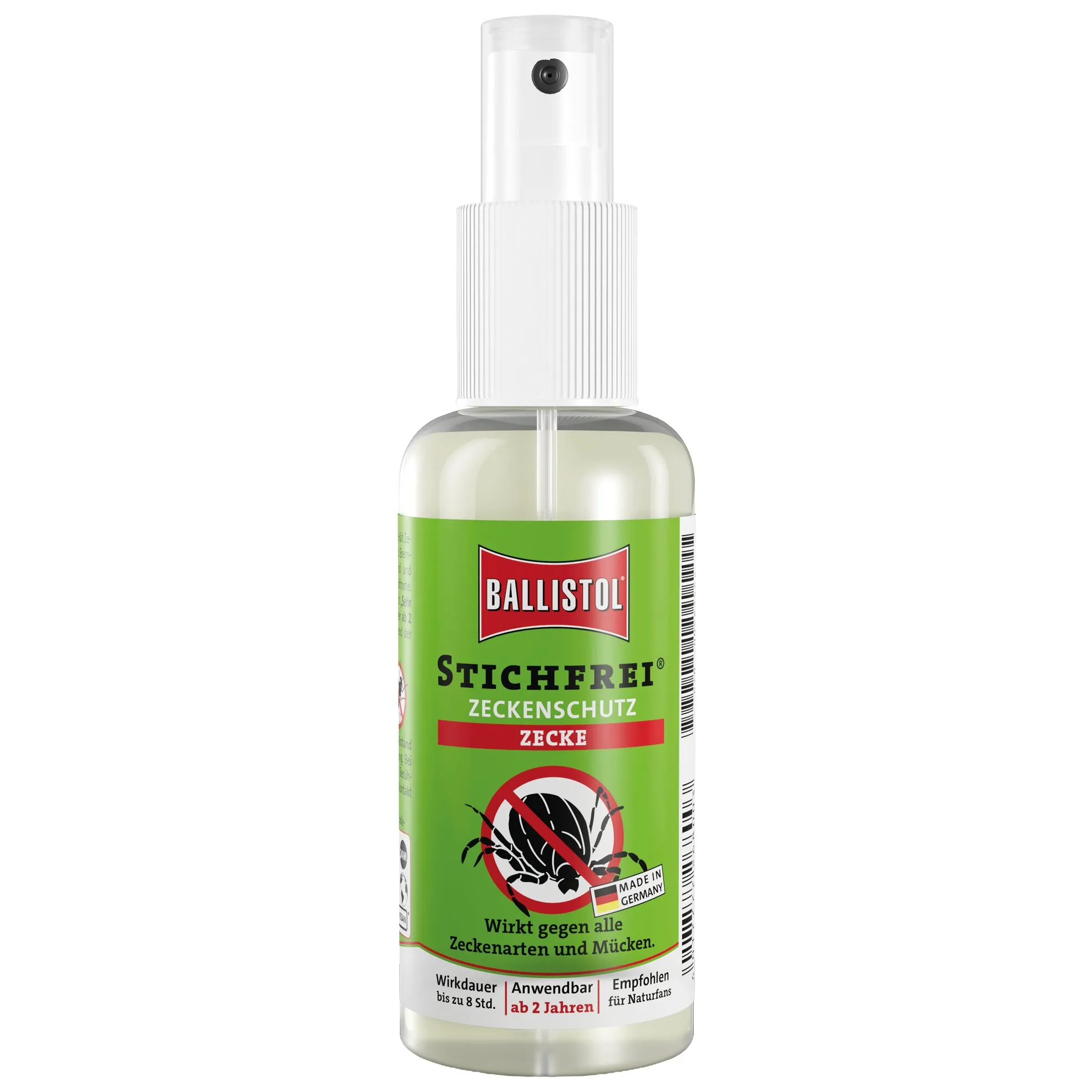 Ballistol Stichfrei Zeckenschutz in transparenter Sprühflasche mit grünem Etikett und Zeckenmotiv