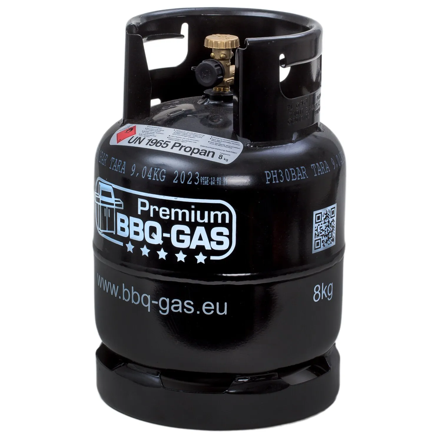 Schwarze BBQ-Gasflasche aus Metall mit Schutzkragen, Ventil und sichtbarer Kennzeichnung UN 1965 Propan, 8 kg