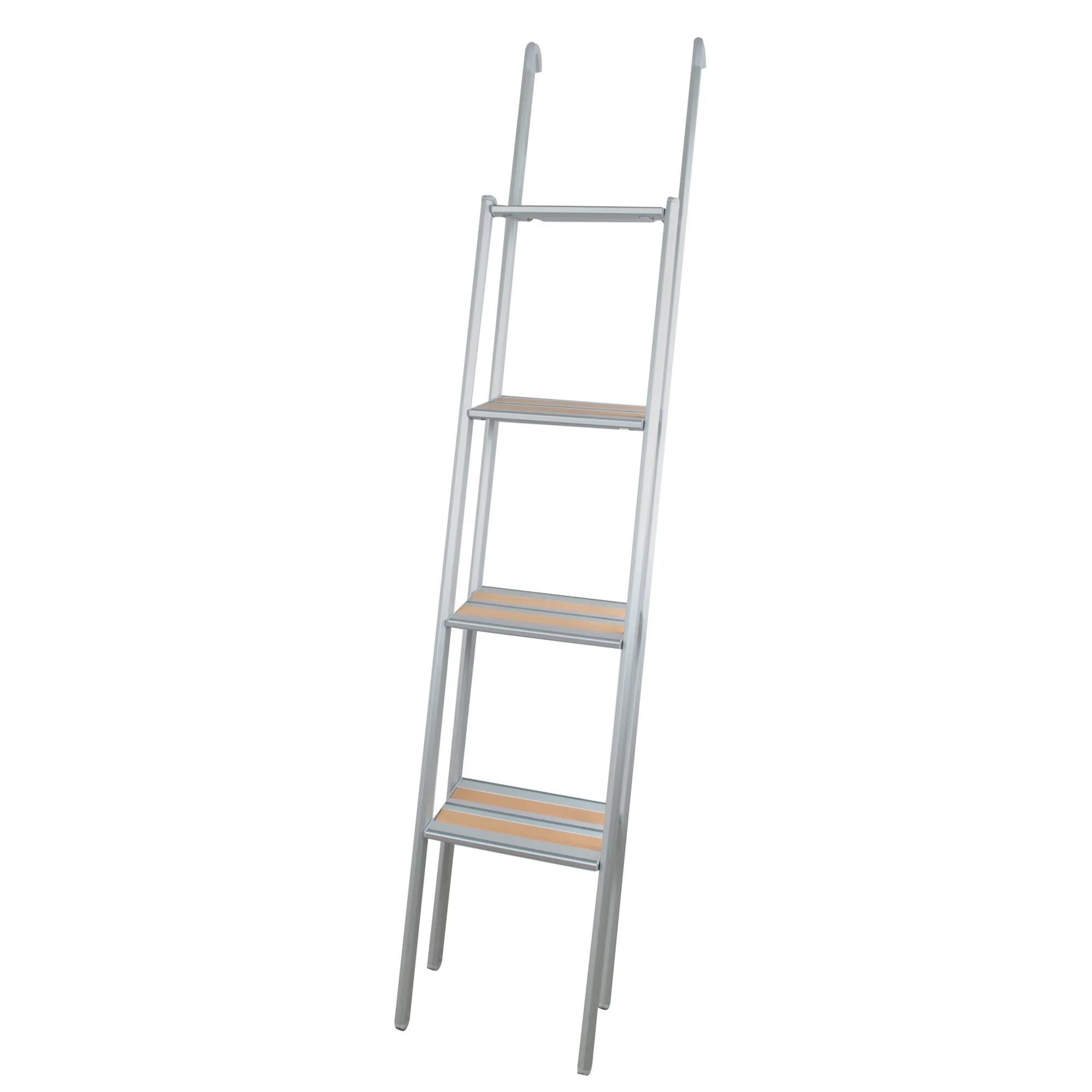 Alkovenleiter Comfort, 178 cm, aus hellgrauem Aluminium mit vier orangefarbenen Trittstufen und oberen Einhängehaken