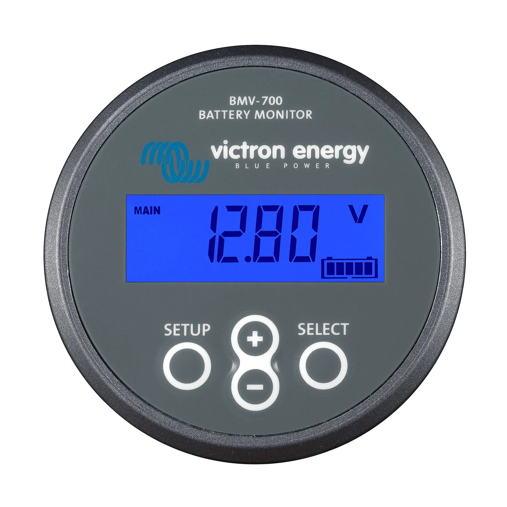 Runder schwarzer Batterie-Überwachungscomputer Victron Energy BMV-700 mit blauem Display, 12,87 V Anzeige und Bedientasten