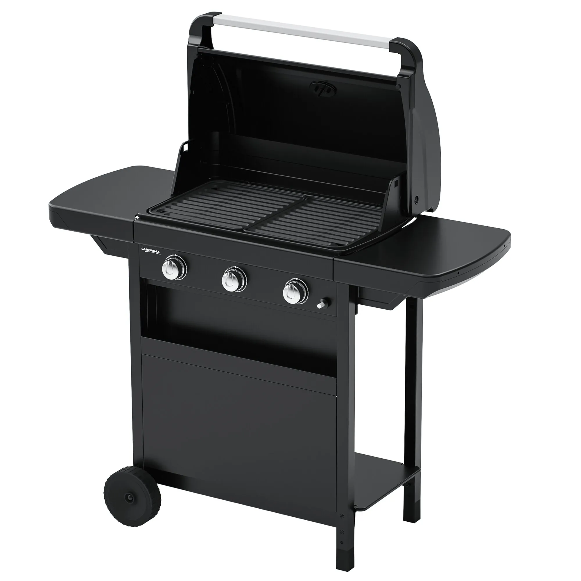 Schwarzer Gasgrill Compact 3 L mit geöffnetem Deckel, drei Bedienknöpfen, zwei Grillrosten und seitlichen Ablageflächen