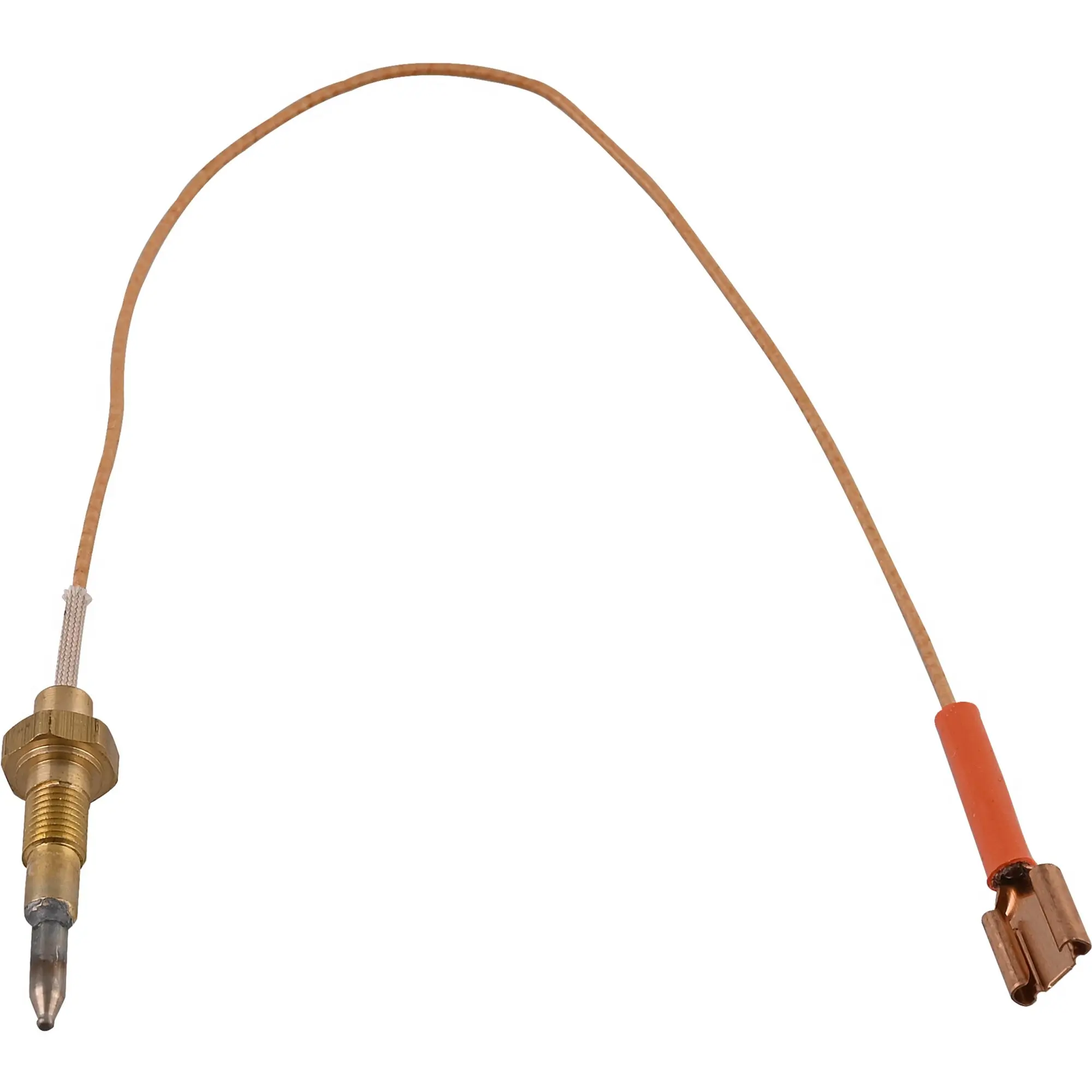 Thermoelement aus kupferfarbenem Draht mit Messspitze unten links und orange isoliertem Stecker unten rechts, goldfarbener Gewindeanschluss