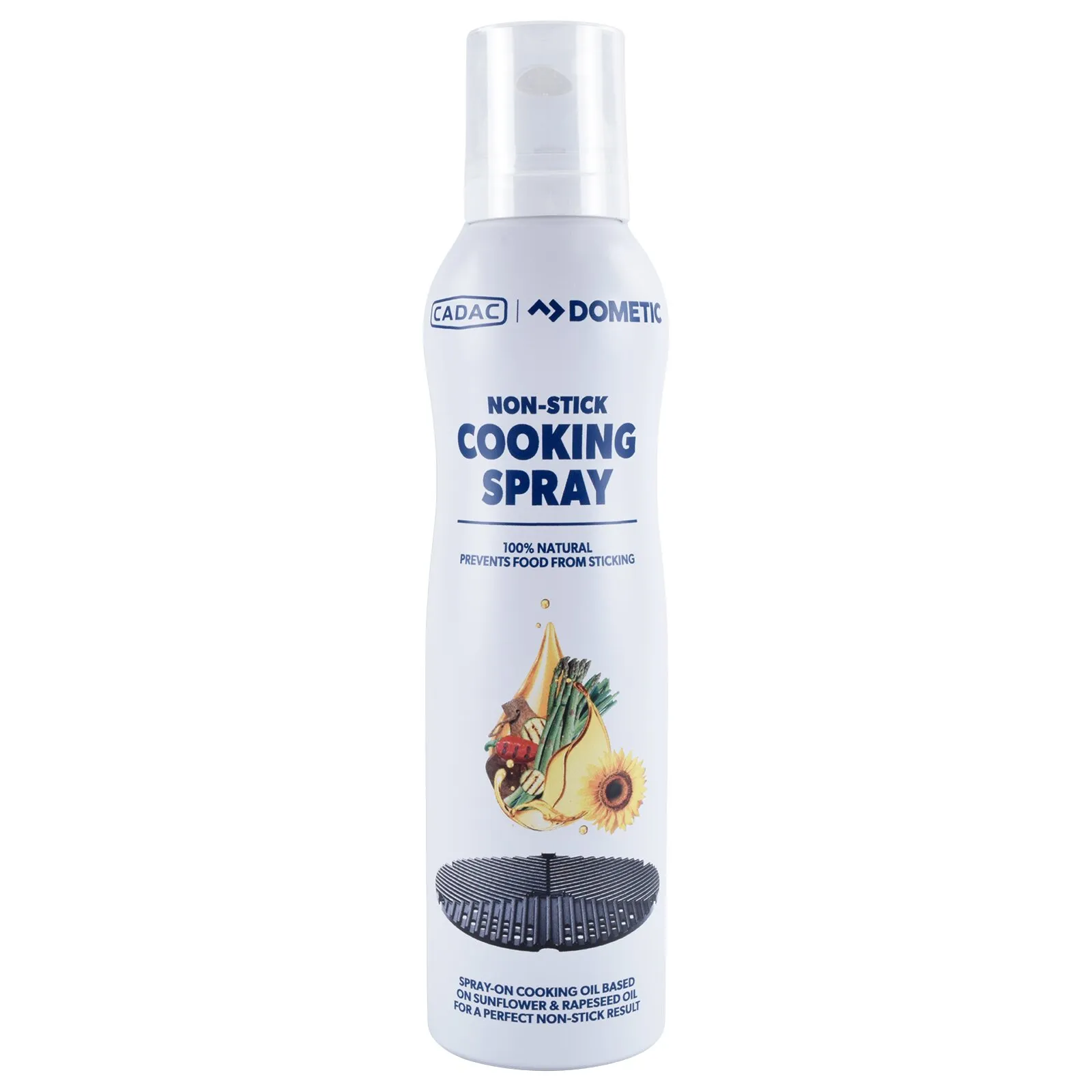 Weißes Antihaft-Kochspray von CADAC und Dometic mit transparentem Sprühverschluss und 200 ml Inhalt