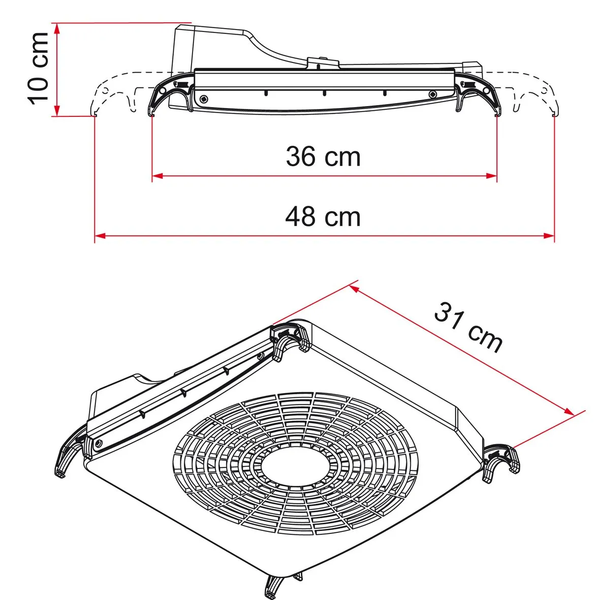 Dachhaubenventilator Turbo Kit als technische Zeichnung mit Lüftergitter und Maßangaben: 36, 48 und 31 cm sowie 10 cm Höhe