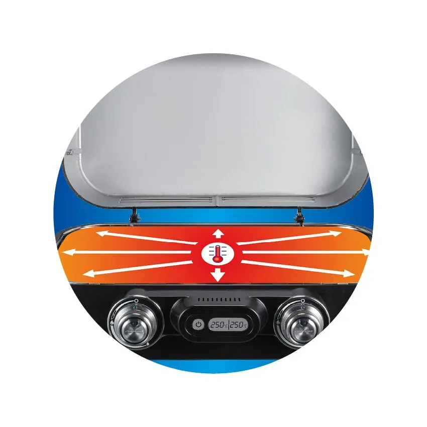 Tischgrill Attitude 2100 LX mit geöffnetem silbernem Deckel, zwei Temperaturreglern und Anzeige der Hitzeverteilung per Pfeilen
