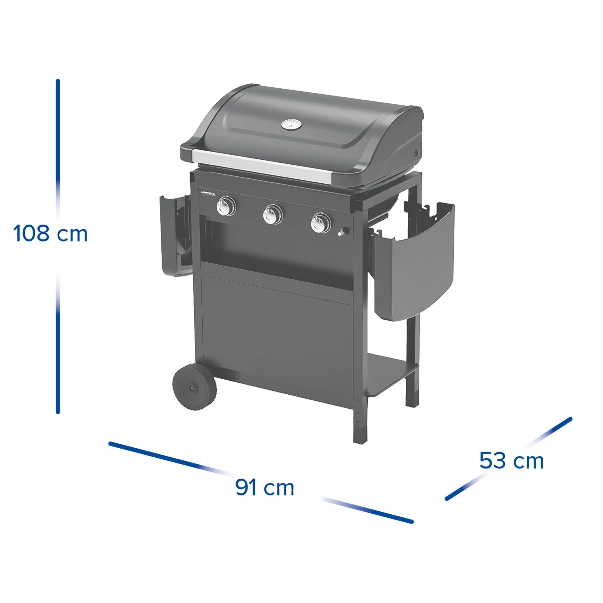 Gasgrill Compact 3 L in Schwarz mit geschlossenem Deckel, drei Bedienknöpfen, Seitenablagen und Maßen von 91 × 53 × 108 cm