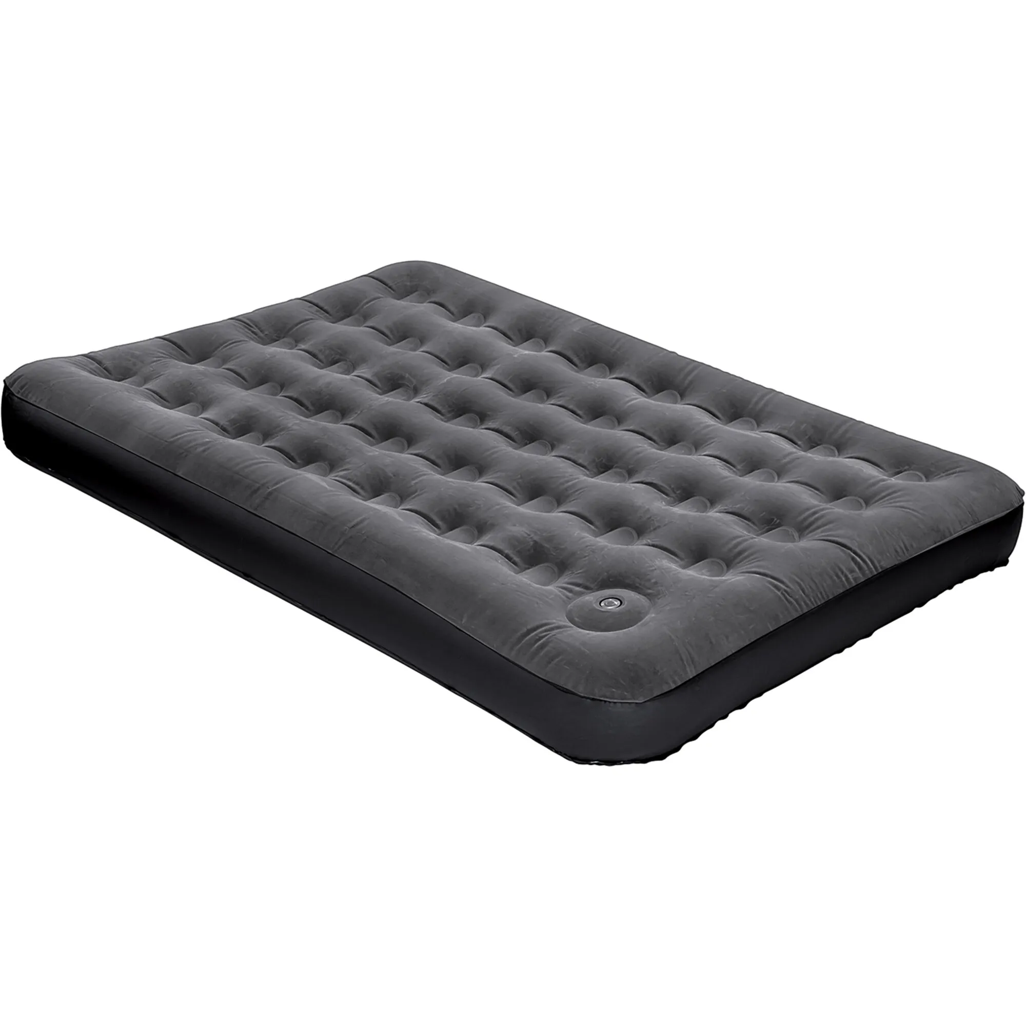 Schwarzes Luftbett mit integrierter Pumpe, samtig strukturierter Oberfläche und 203 x 152 x 22 cm Größe in schräger Ansicht