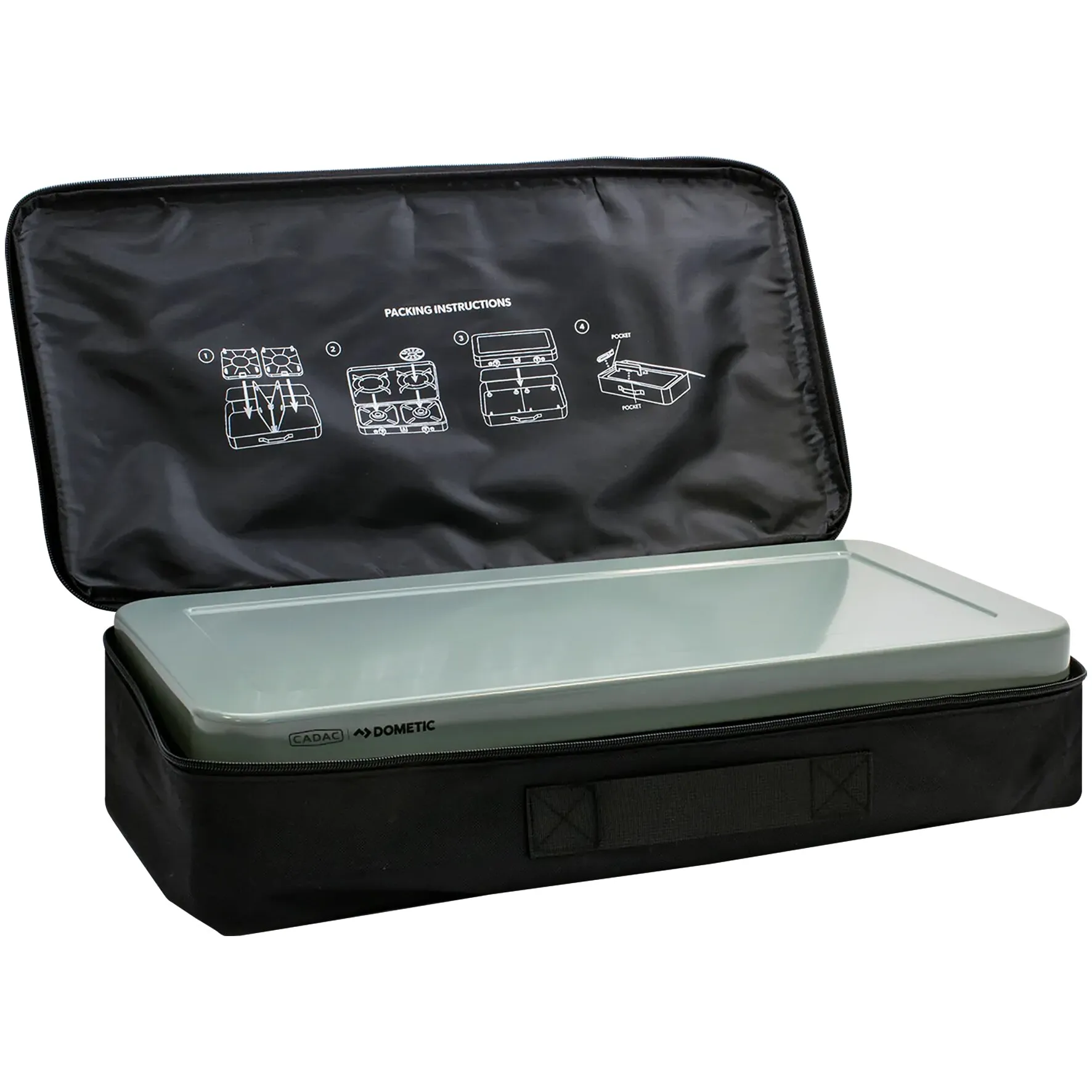 Aufgeklappte schwarze Tragetasche mit verstautem grün-grauem Dometic CADAC 2 Cook 3 Pro Gaskocher und Packanleitung am Deckel