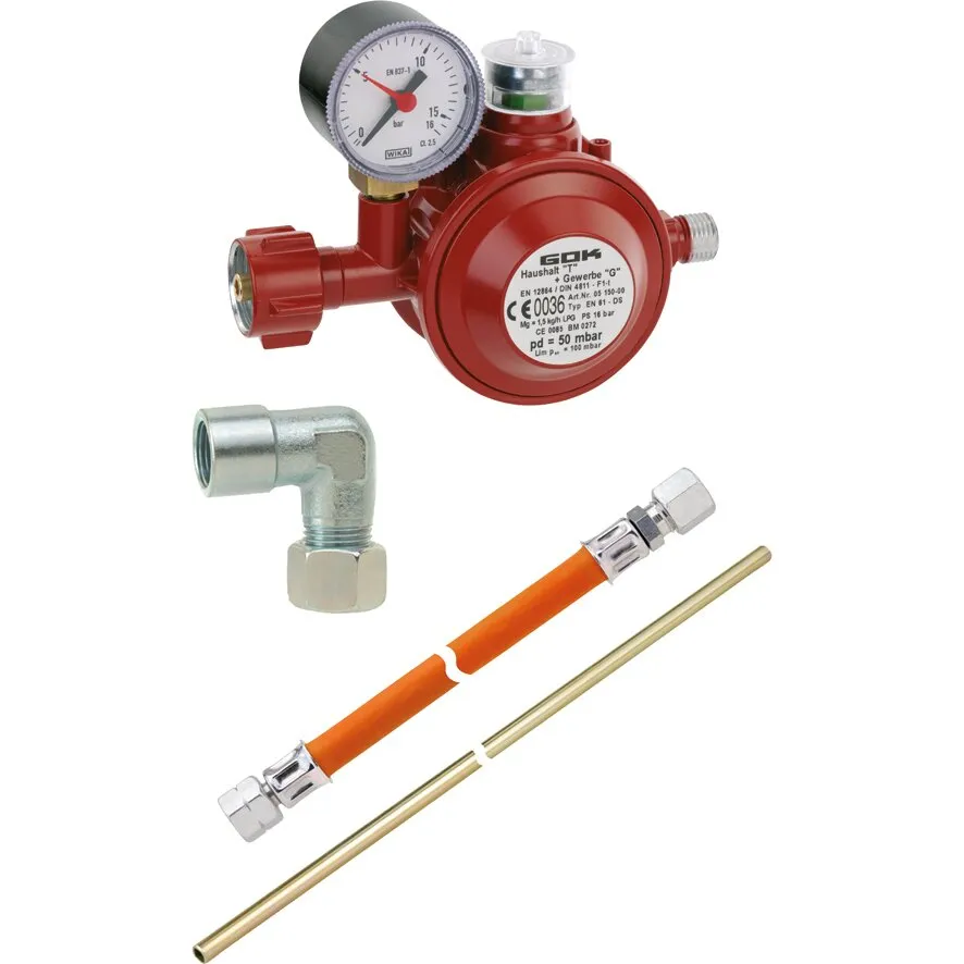 Rotes Herdanschluss-Set mit Gasdruckregler und Manometer, orangefarbenem Verbindungsschlauch, Messingrohr und Winkelstück