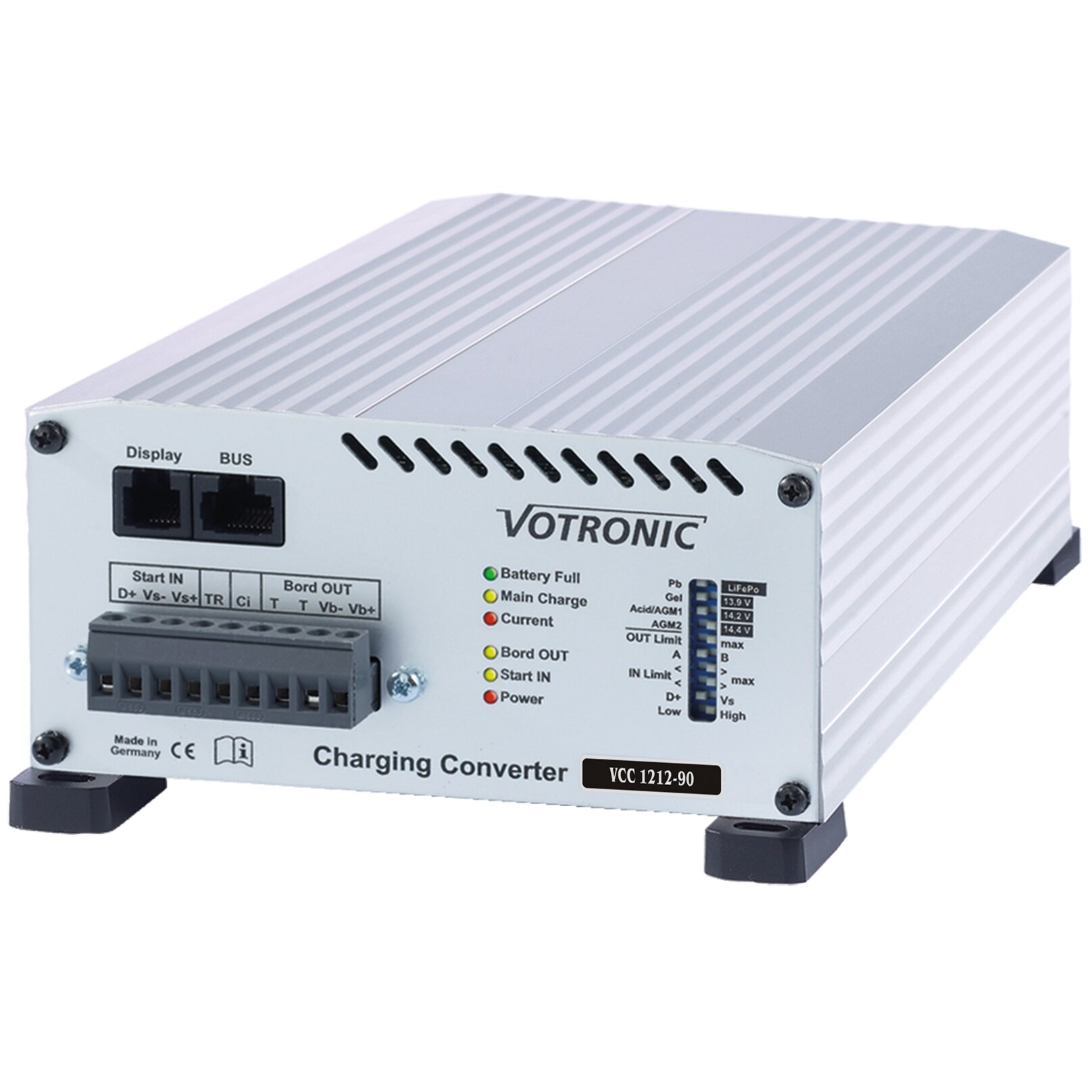 Kompaktes silbernes Metallgehäuse mit Kühlrippen, Frontseite mit zwei RJ45‑Anschlüssen, VOTRONIC Charging Converter, Modell VCC 1212-90